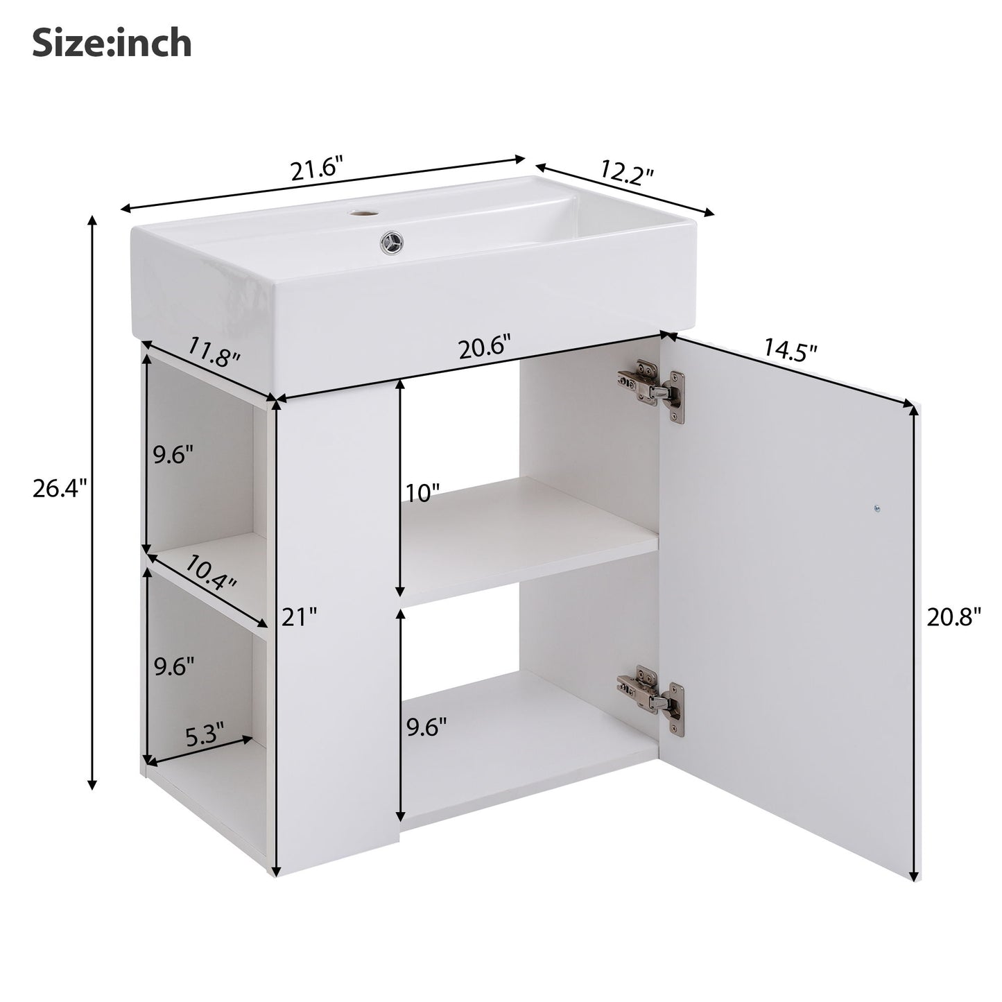 The Modern Floating Bathroom Vanity with Ceramic Basin is perfect for small bathrooms, featuring a rectangular sink, open shelving on the left, and a cabinet with a door on the right. Dimensions of each section are listed in inches.