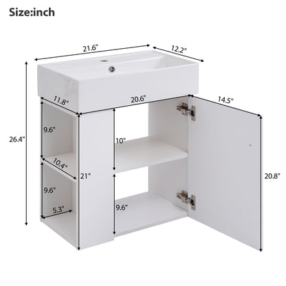 The Modern Floating Bathroom Vanity with Ceramic Basin is perfect for small bathrooms, featuring a rectangular sink, open shelving on the left, and a cabinet with a door on the right. Dimensions of each section are listed in inches.