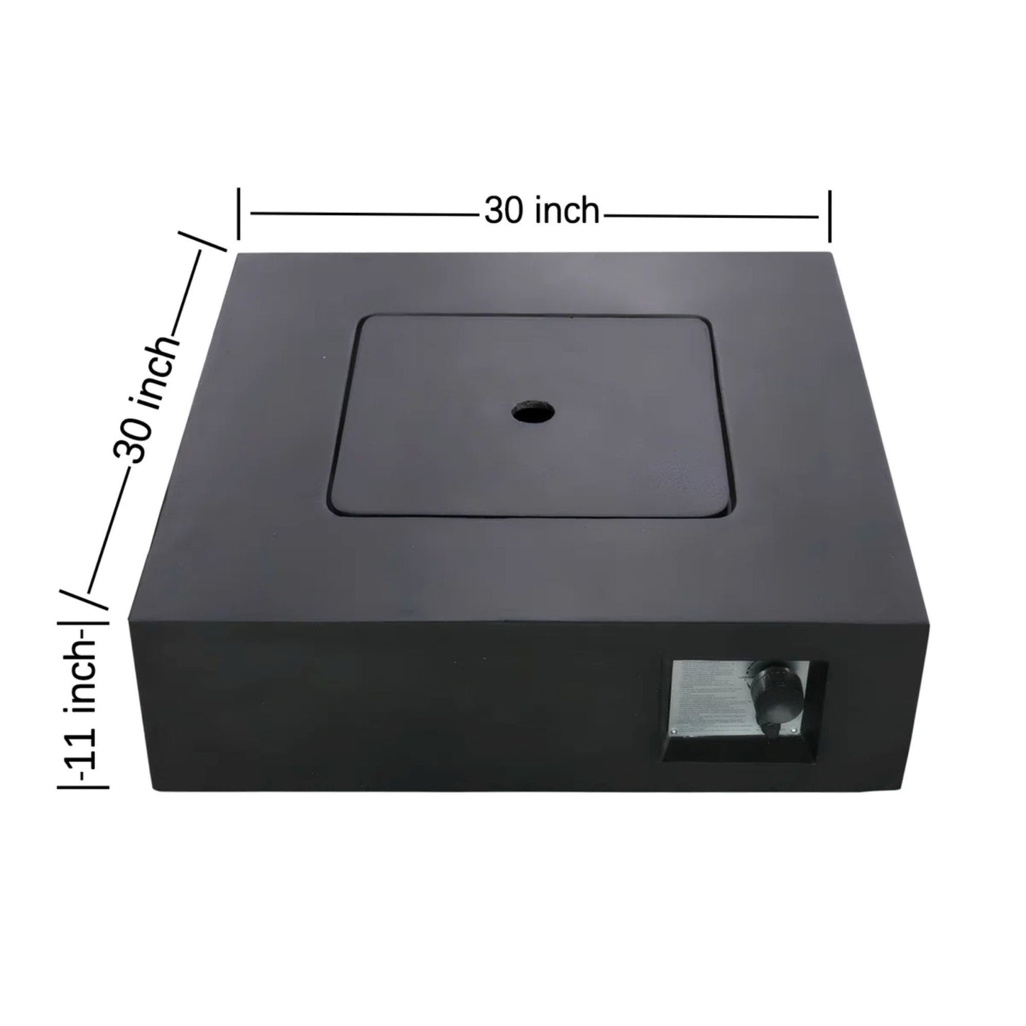 The Reinforced Propane / Gas Fire Pit Table features a black square base with a recessed center, measuring 30" x 30" x 11", and includes a small rectangular cutout on one side. Measurement lines and labels are visible in the image.