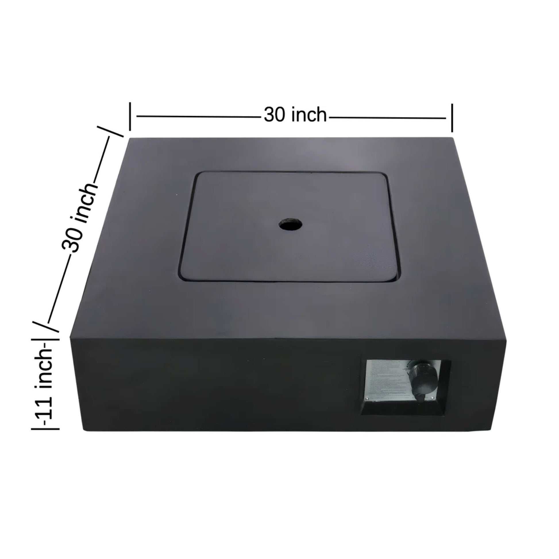 The Reinforced Propane / Gas Fire Pit Table features a black square base with a recessed center, measuring 30" x 30" x 11", and includes a small rectangular cutout on one side. Measurement lines and labels are visible in the image.