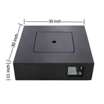 The Reinforced Propane / Gas Fire Pit Table features a black square base with a recessed center, measuring 30" x 30" x 11", and includes a small rectangular cutout on one side. Measurement lines and labels are visible in the image.