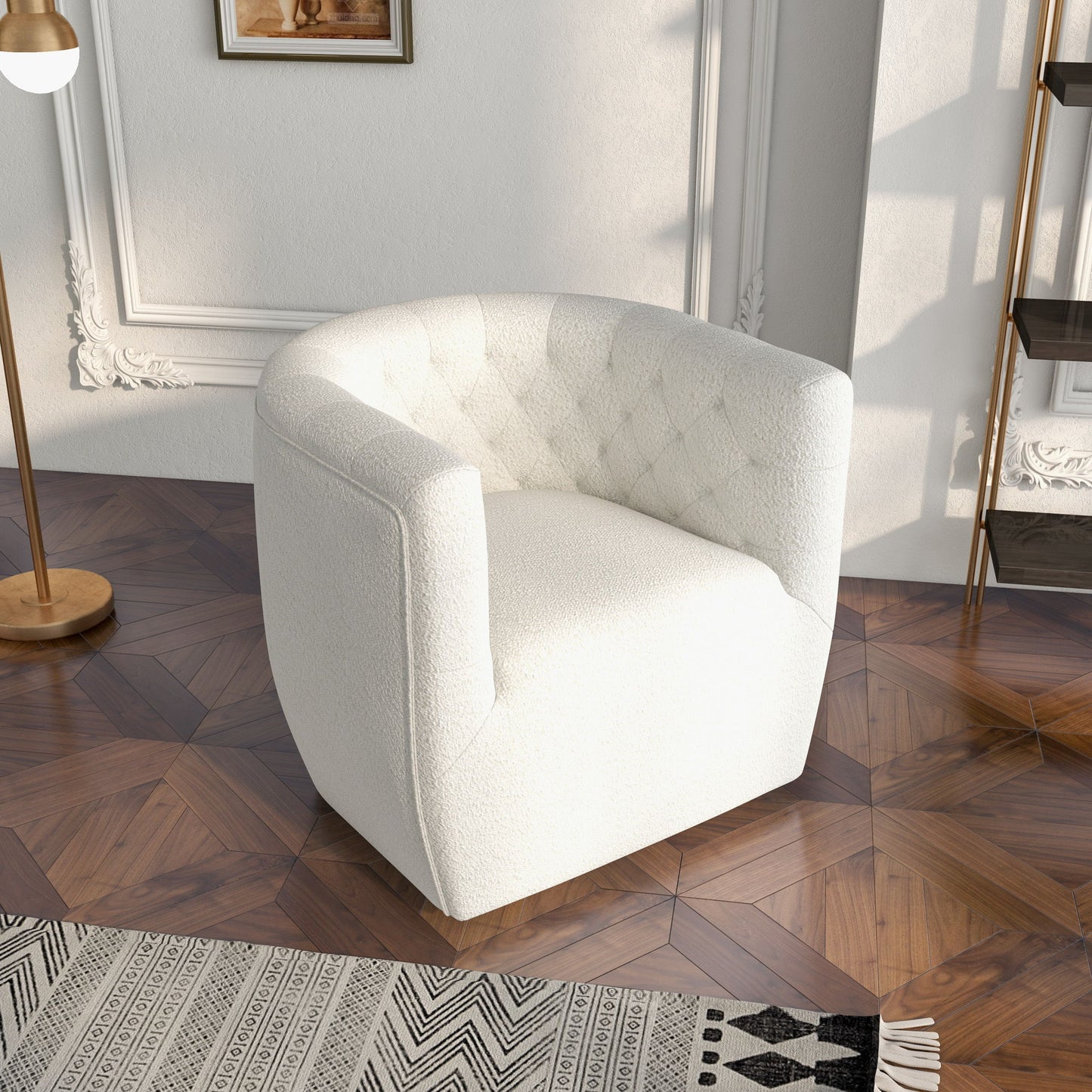 The Delaney - Ergonomic Design Swivel Chair, featuring a modern white curved style and tufted backrest, sits on a patterned wooden floor in a sunlit room with elegant wall molding and contemporary decor.