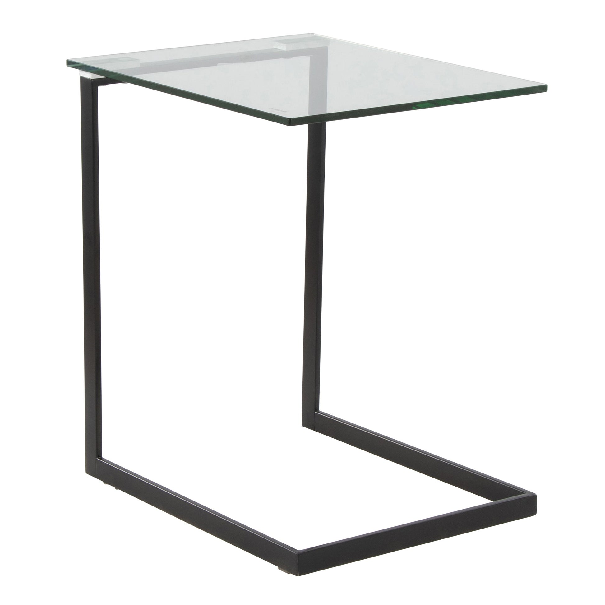 The Zenn Contemporary End Table features a modern C-shaped design with a clear glass top and sleek black metal frame, combining convenience with minimalist style.