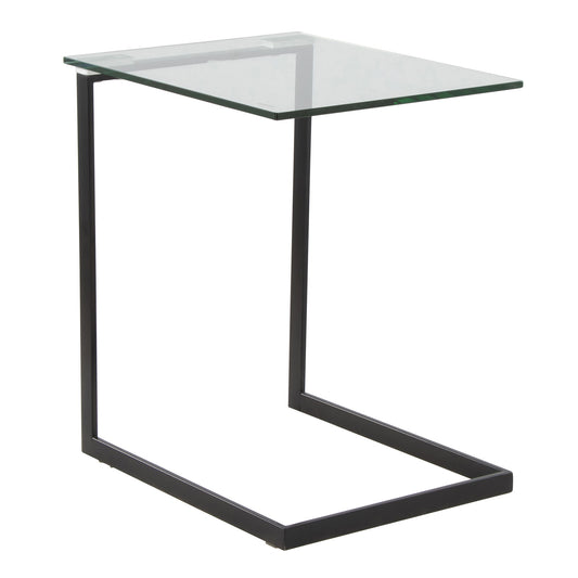The Zenn Contemporary End Table features a modern C-shaped design with a clear glass top and sleek black metal frame, combining convenience with minimalist style.