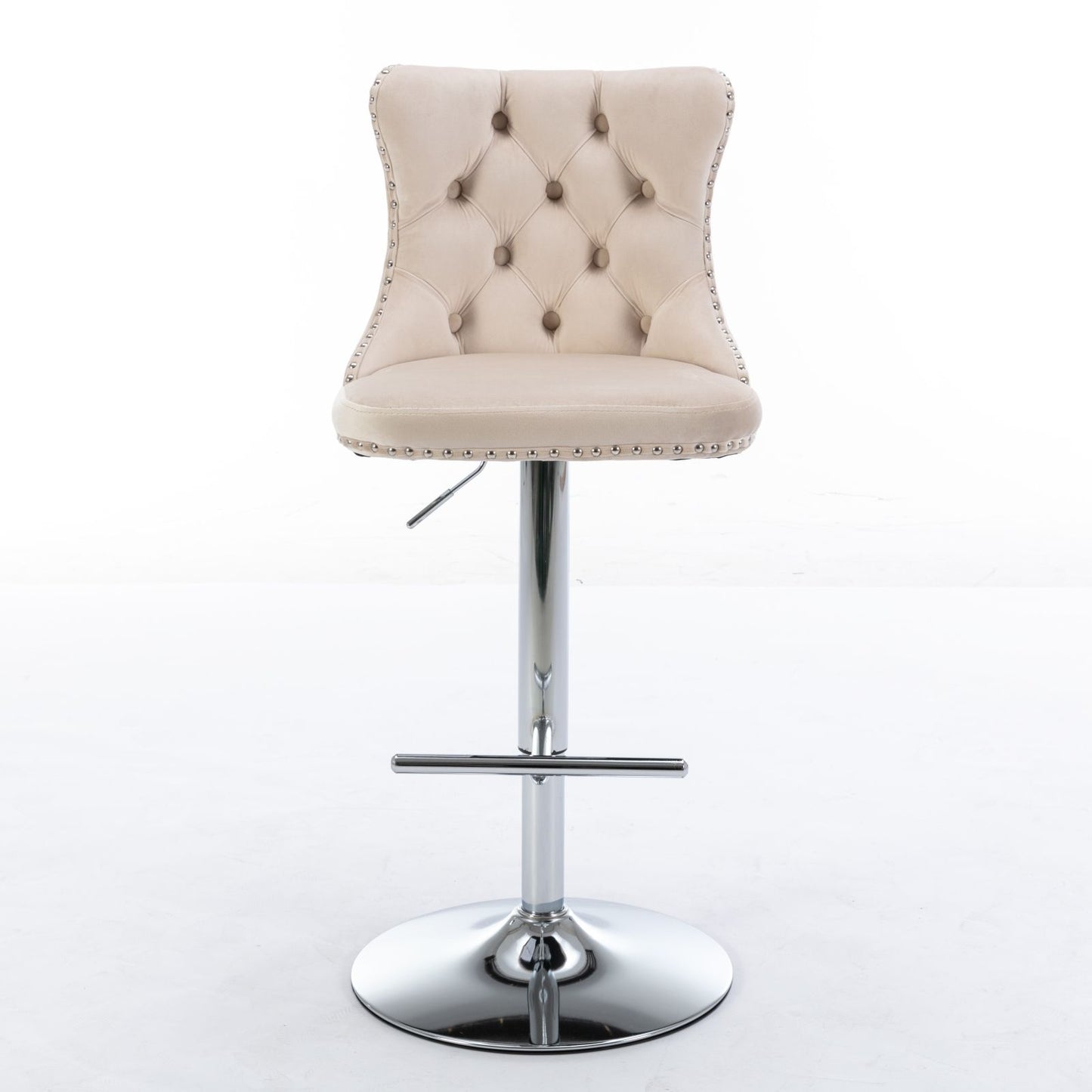 A set of 2 Swivel Velvet Barstools with tufted backs, decorative buttons, silver nailhead trim, and a chrome base with footrest. Adjustable seat height from 25-33". Modern upholstered stools for home, pub, or kitchen island.