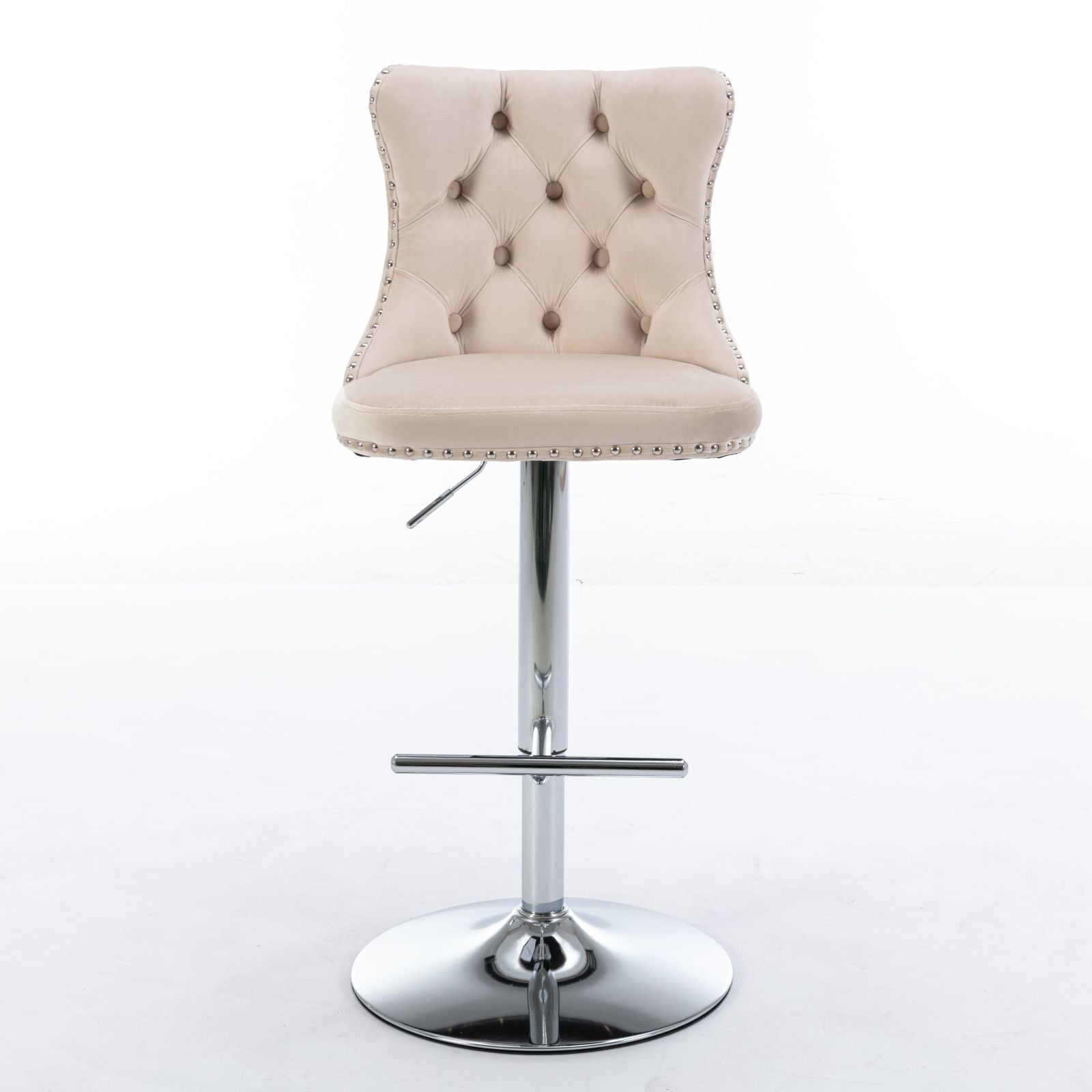 A set of 2 Swivel Velvet Barstools with tufted backs, decorative buttons, silver nailhead trim, and a chrome base with footrest. Adjustable seat height from 25-33". Modern upholstered stools for home, pub, or kitchen island.