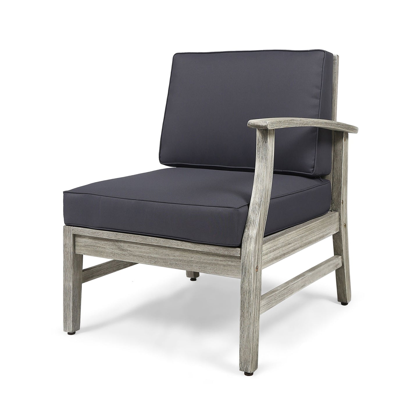 The Perla Armchair is a modern armless lounge chair featuring a weathered wooden frame and thick dark gray cushions on the seat and backrest, displayed against a white background.