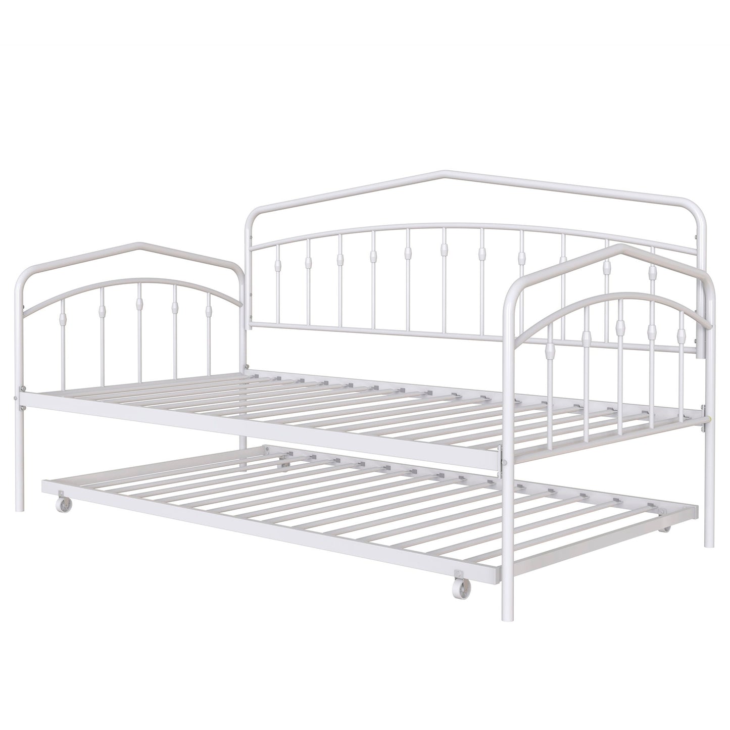 The Fox - Daybed With Twin Trundle features a white metal frame with decorative vertical bars, arched headboard and footboard, plus a pull-out twin trundle bed on casters for extra sleeping space.