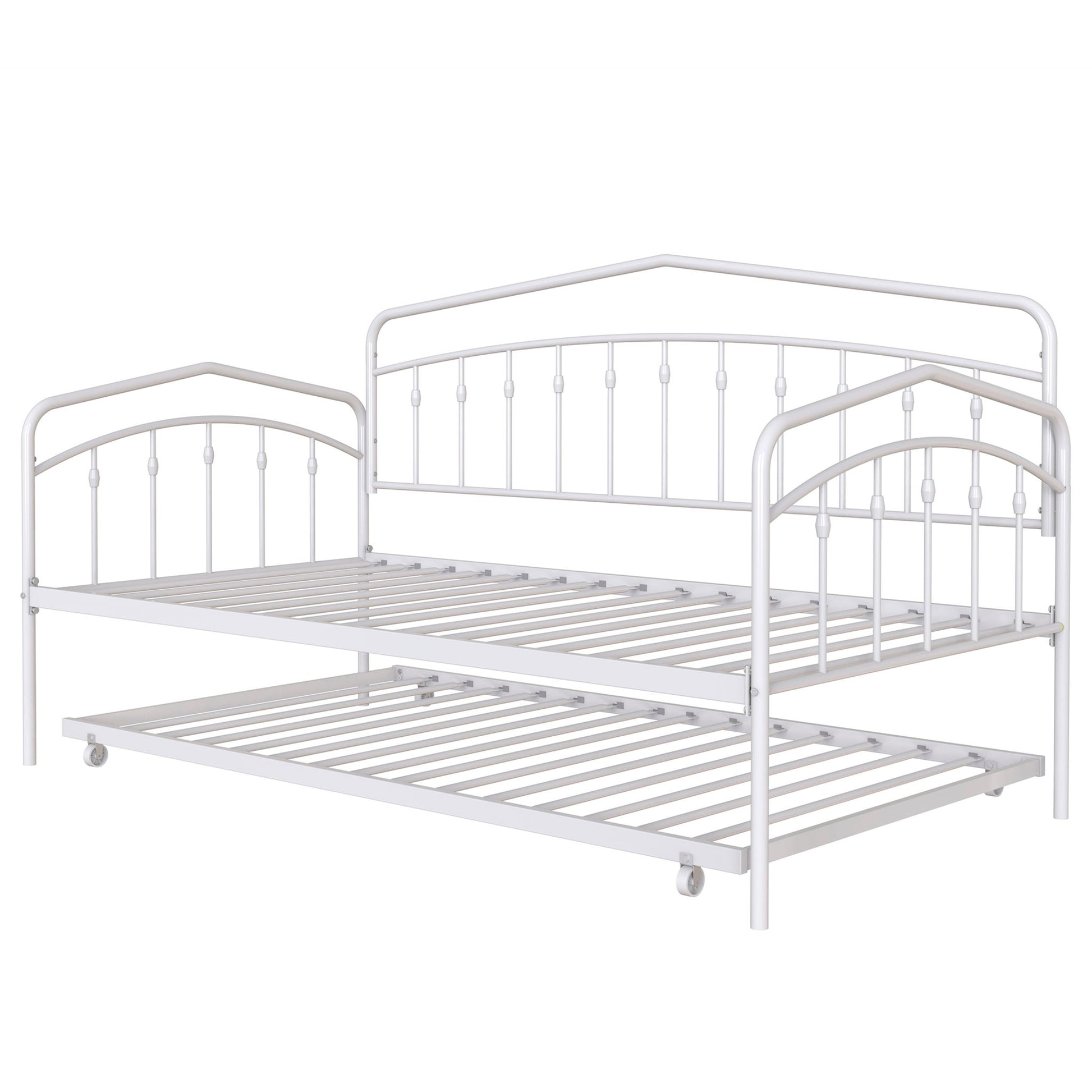 The Fox - Daybed With Twin Trundle features a white metal frame with decorative vertical bars, arched headboard and footboard, plus a pull-out twin trundle bed on casters for extra sleeping space.