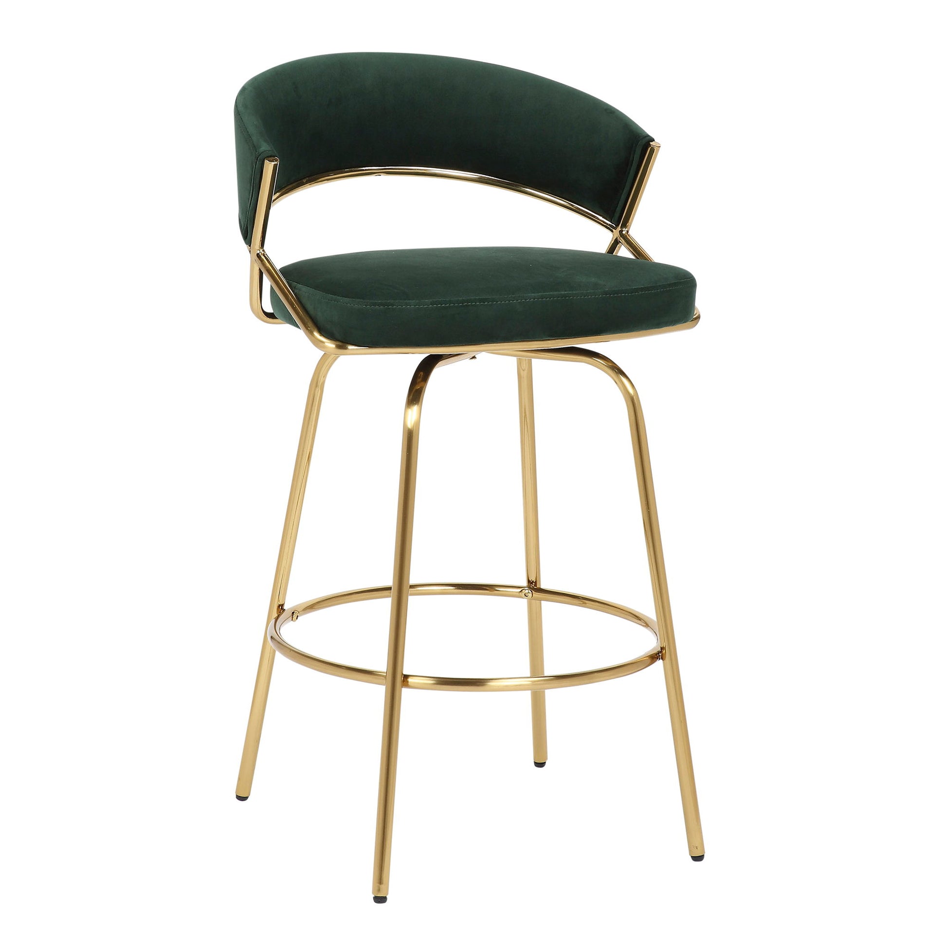 The Jie - Glam Fixed Height Counter Stool (Set of 2) features a gold metal frame, circular footrest, green velvet cushioned seat, and a curved backrest for a modern look.