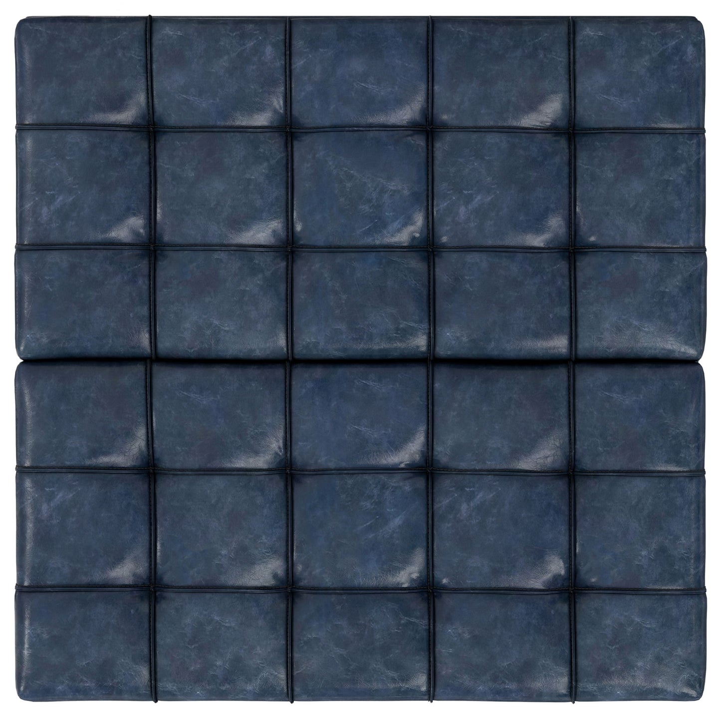 A close-up view of the Harrison Upholstered Coffee Table Storage Ottoman in dark blue leather, featuring a tufted grid pattern with seams and buttons. The leather has a slightly worn, textured look.