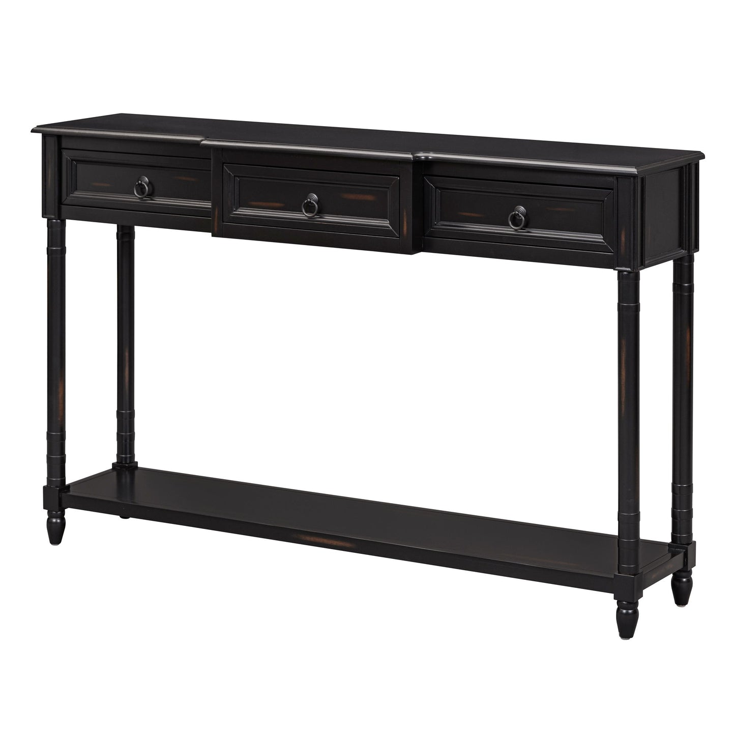 The Console Table Sofa Table With Drawers For Entryway features three projecting drawers, a long lower shelf, turned legs, and a black wooden finish with slight distressing for vintage style.