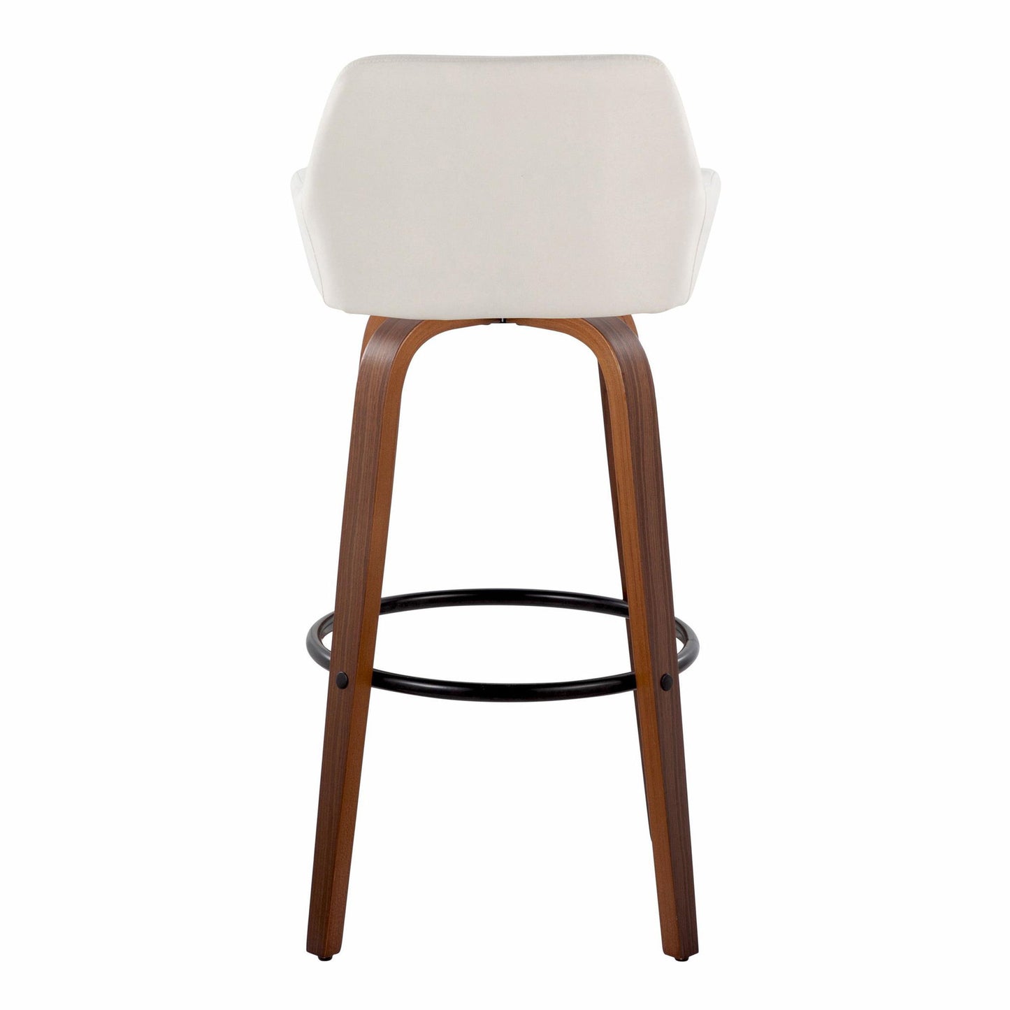 The Daniella Contemporary Fixed-Height Barstool features a white cushioned backrest, wooden legs, and a round black metal footrest. Shown from the back against a white background. Set of 2, with swivel function.