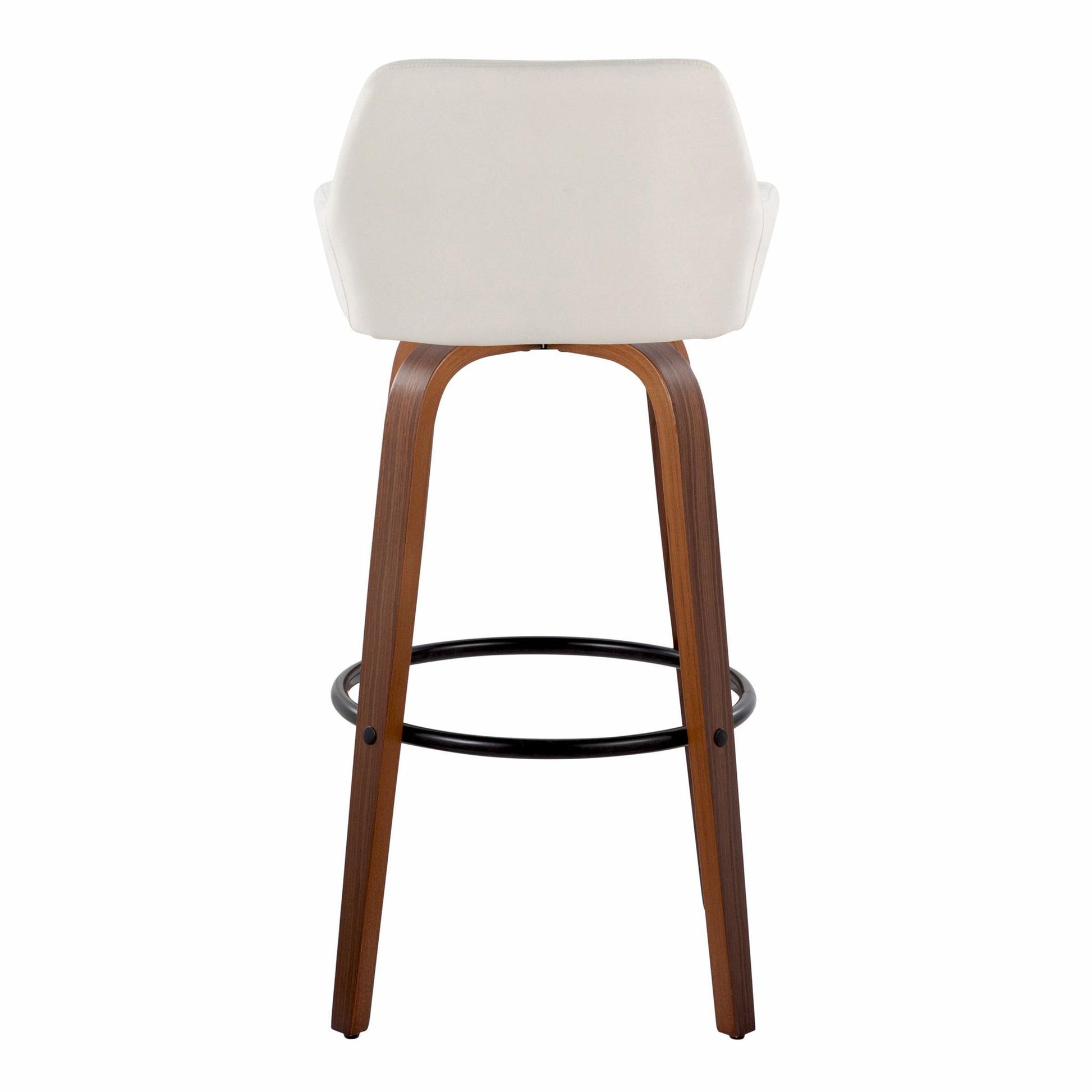 The Daniella Contemporary Fixed-Height Barstool features a white cushioned backrest, wooden legs, and a round black metal footrest. Shown from the back against a white background. Set of 2, with swivel function.