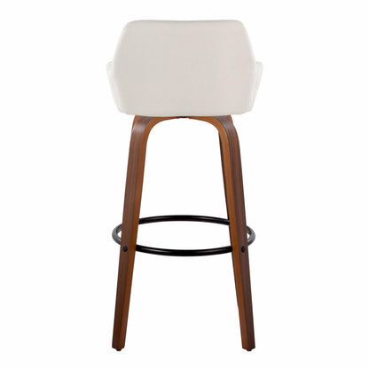 The Daniella Contemporary Fixed-Height Barstool features a white cushioned backrest, wooden legs, and a round black metal footrest. Shown from the back against a white background. Set of 2, with swivel function.