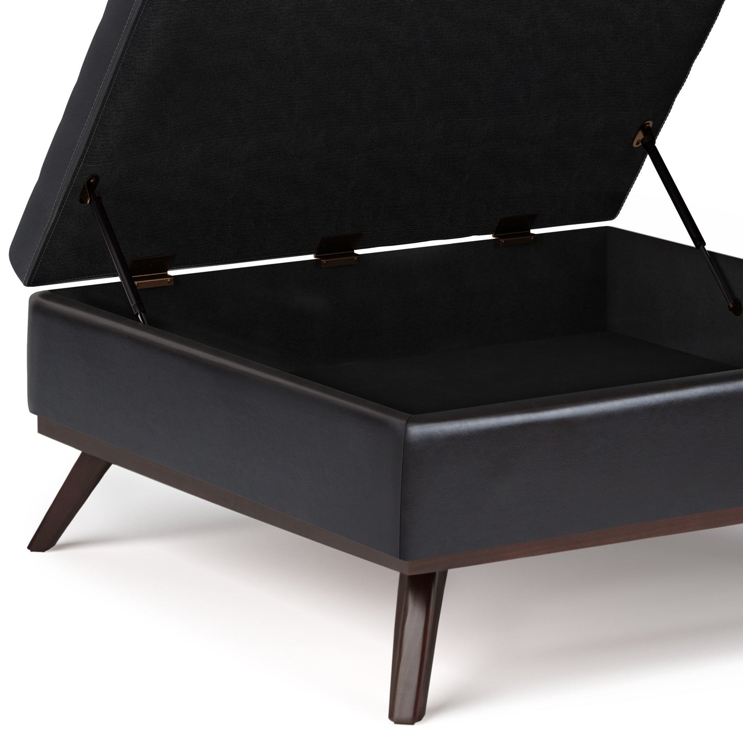 The Owen Multifunctional Square Coffee Table Storage Ottoman features a modern black design, angled wooden legs, and an open, hinged lid that reveals ample storage space inside.