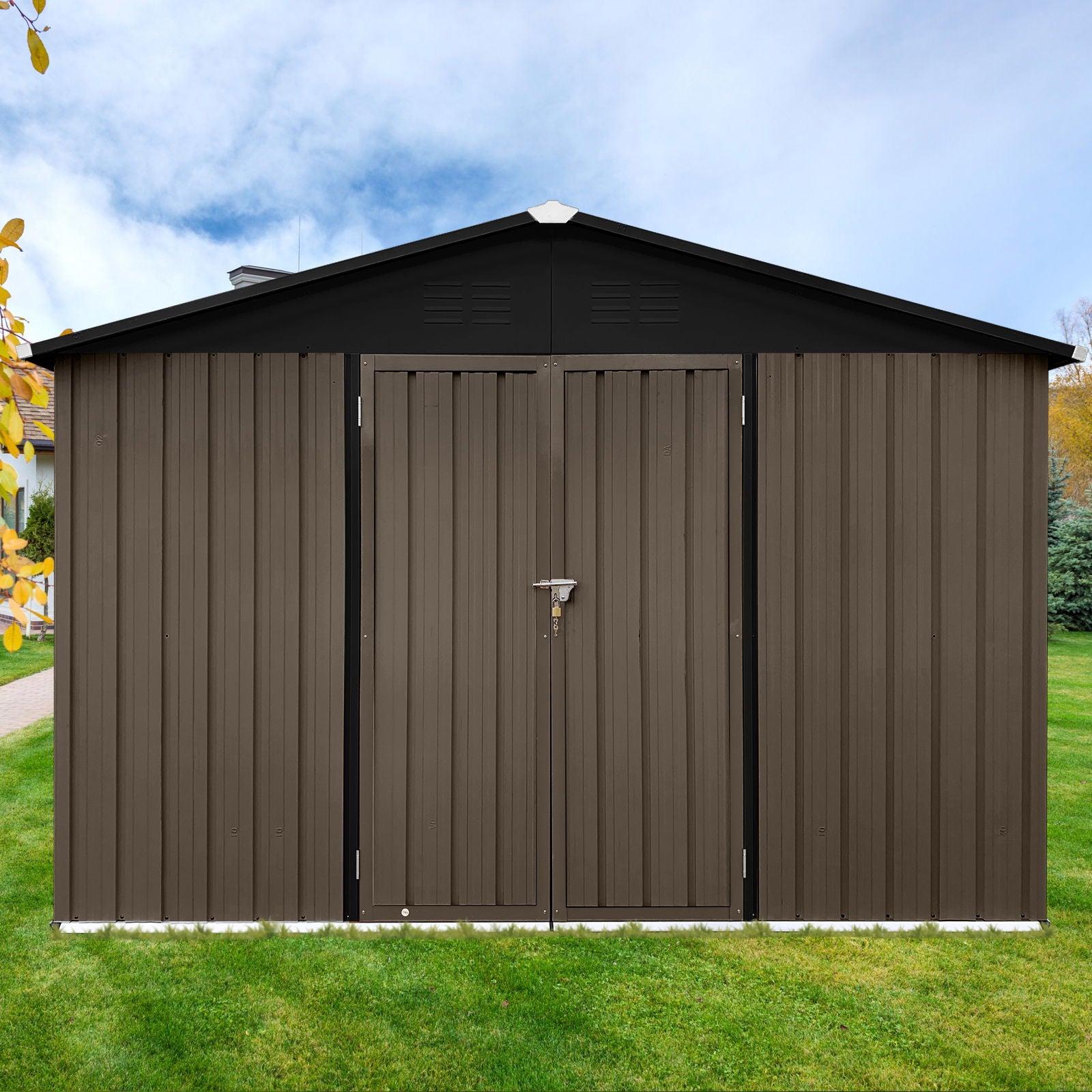 A 10'x12' Garden Sheds Outdoor Storage Shed in brown and black metal with double doors secured by a padlock stands on green grass beneath a partly cloudy sky, with trees and a pathway in the background.
