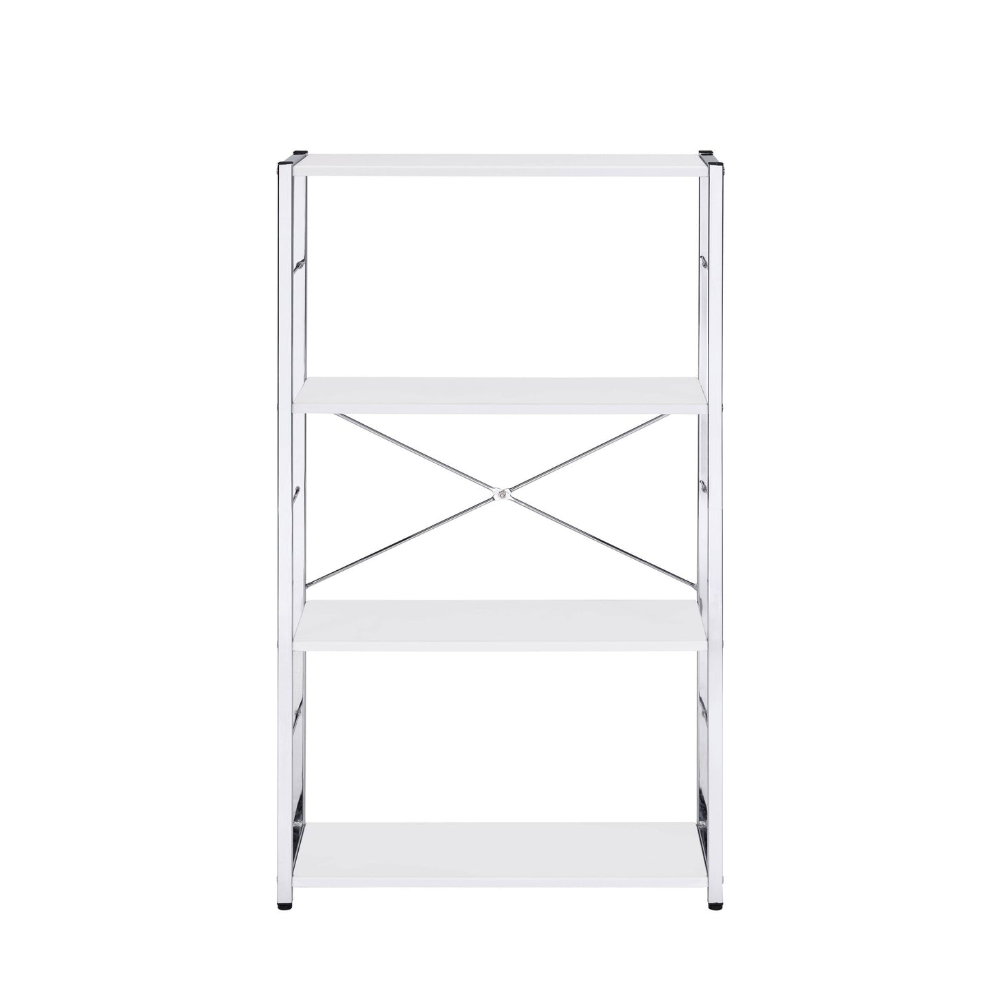 The Tennos Bookshelf in white features four tiers, sturdy metal construction, an open design, and X-shaped back support, shown against a white background.