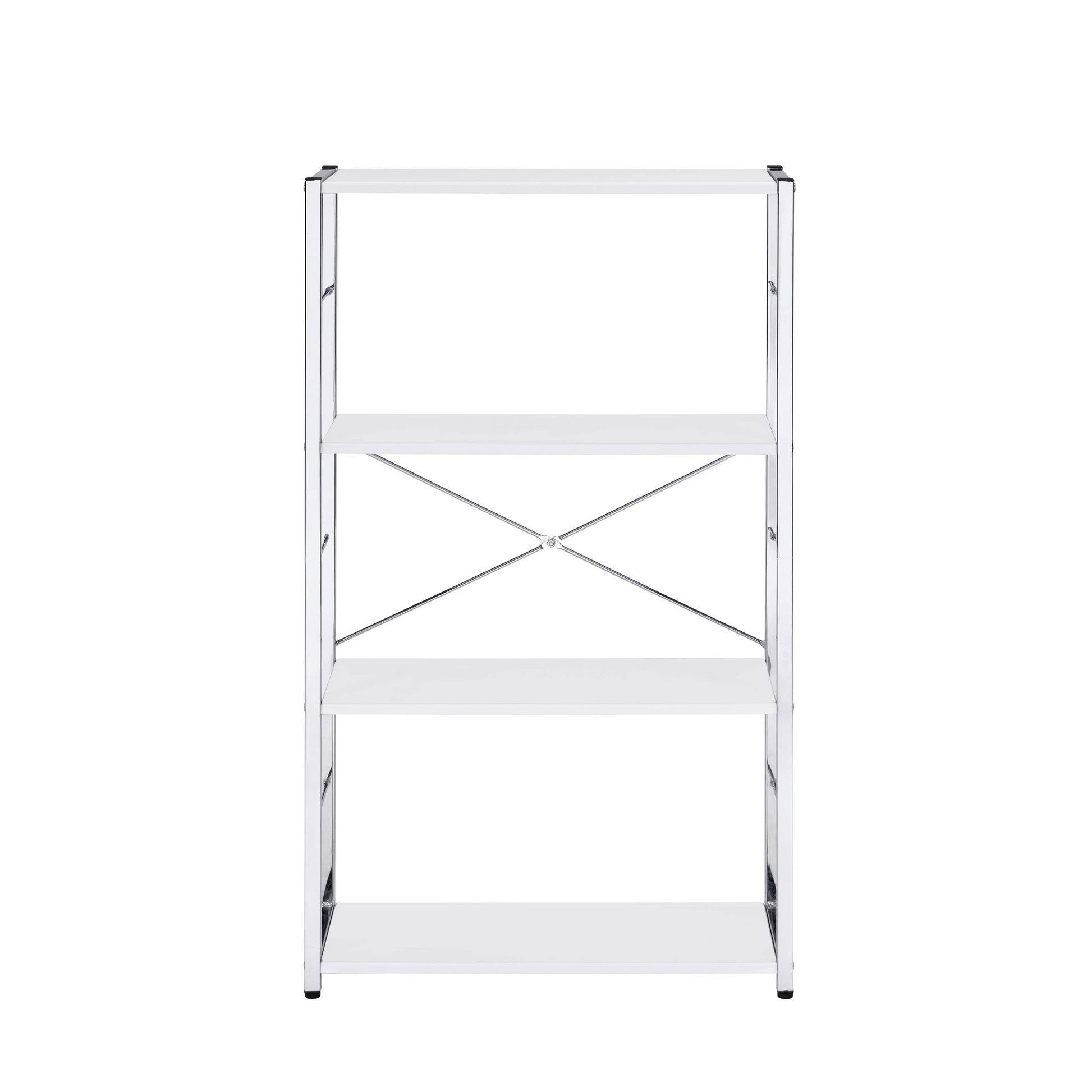 The Tennos Bookshelf in white features four tiers, sturdy metal construction, an open design, and X-shaped back support, shown against a white background.