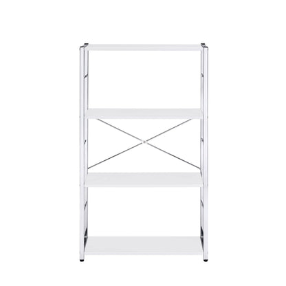The Tennos Bookshelf in white features four tiers, sturdy metal construction, an open design, and X-shaped back support, shown against a white background.
