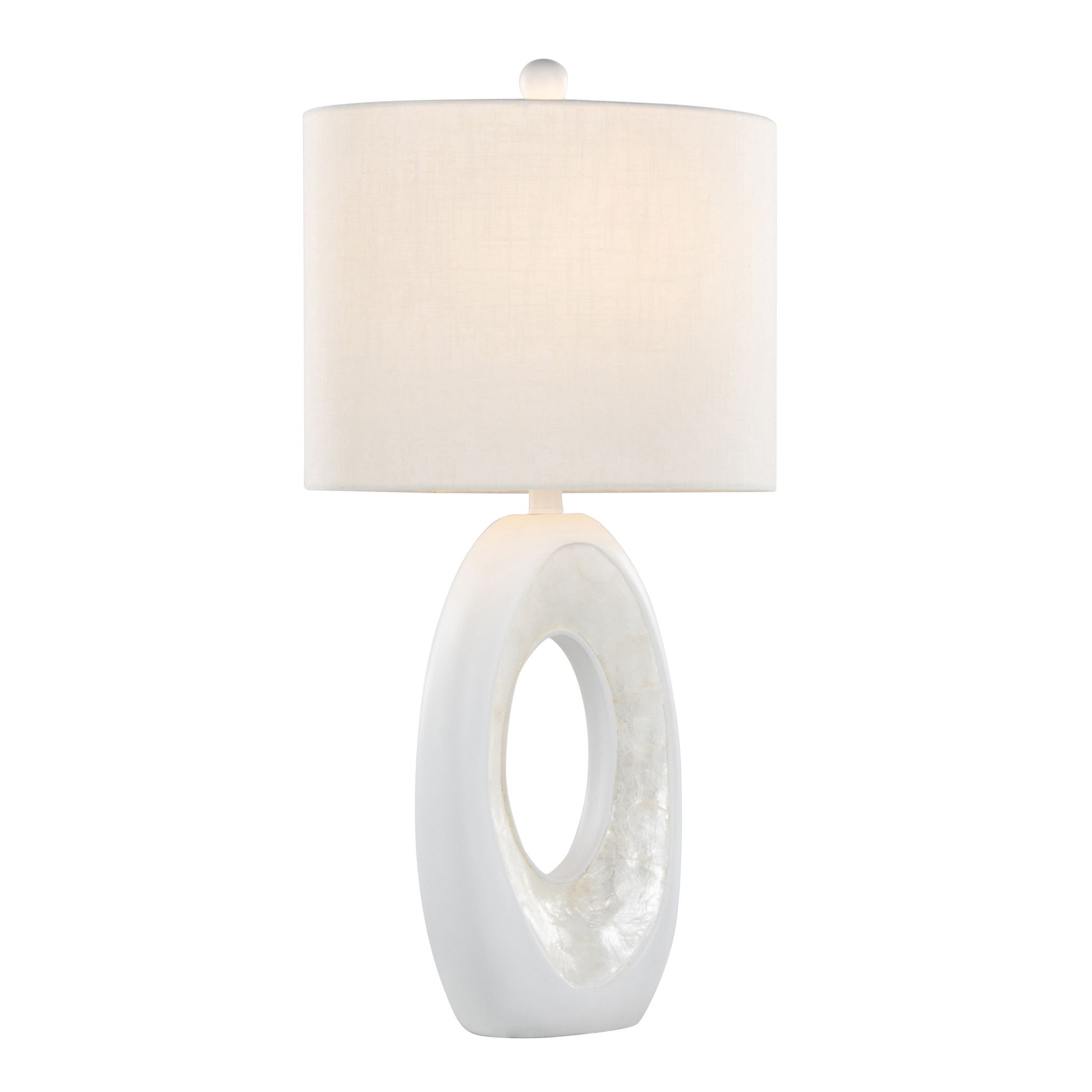 The Pearl - Contemporary Table Lamp (Set of 2) features a matte white, oval ceramic base with natural shell accents and a round off-white fabric shade, creating a soft, warm glow when illuminated.
