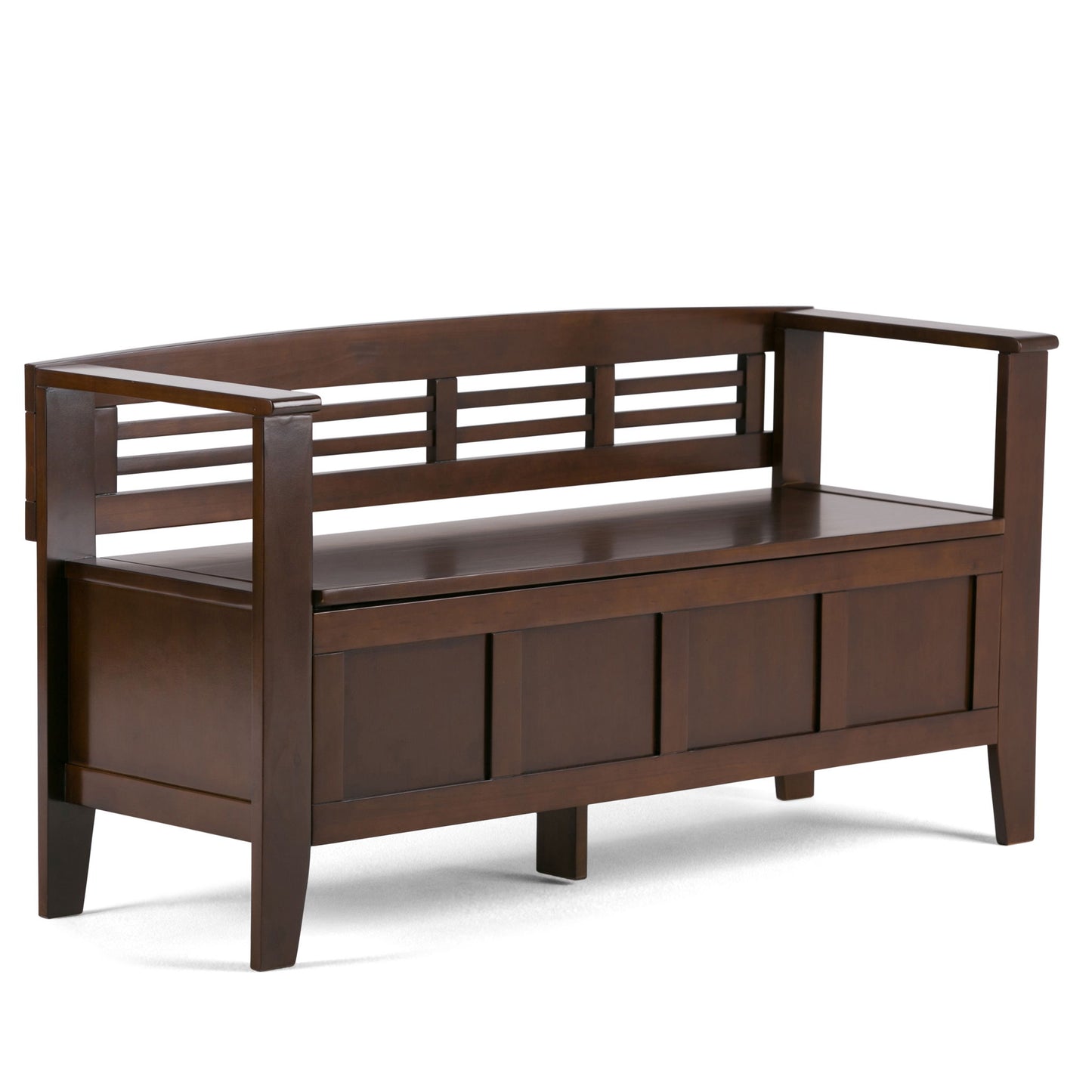 The Adams Entryway Storage Bench is handcrafted from dark wood, featuring a slatted backrest, open armrests, and a storage compartment under the seat, displayed against a white background.