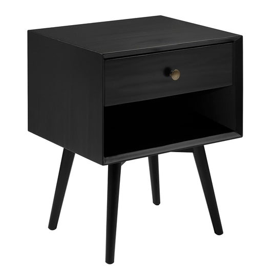 The Mid-Century Modern Single Drawer Solid Wood Nightstand features a black finish, four angled legs, an open shelf, and one drawer with a round brass knob.