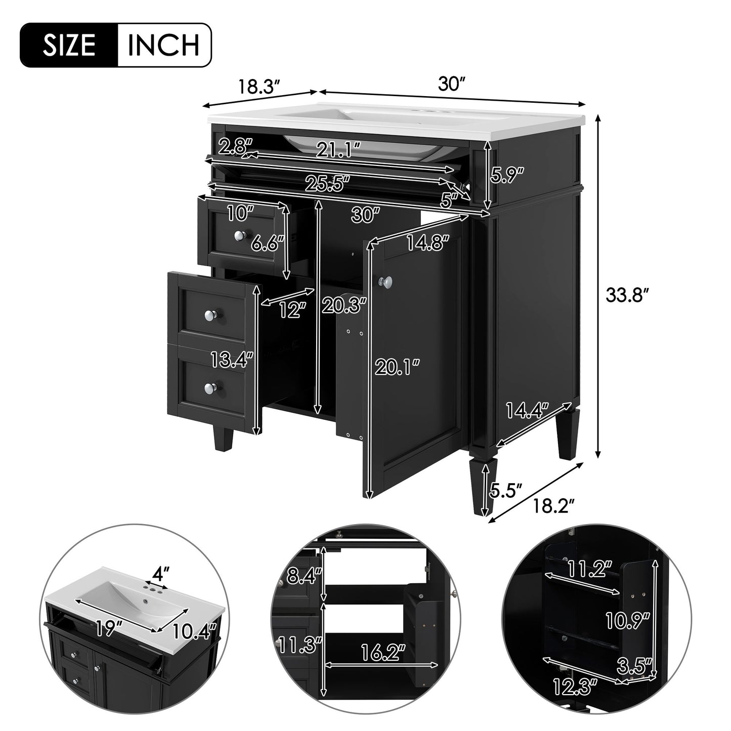 Bathroom Vanity With Top Sink, Storage Cabinet With 2 Drawers, Tip Out Drawer