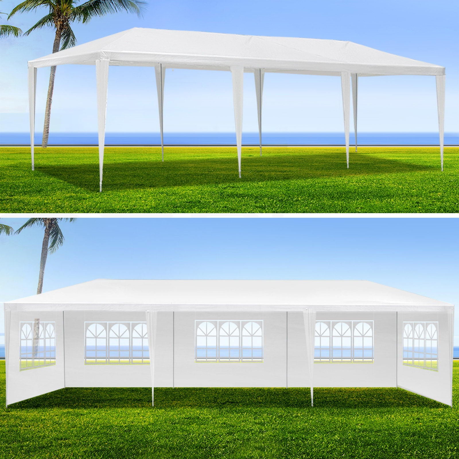 Two images show the 10X20' Outdoor Garden Gazebo Wedding Party Tent Canopy Marquee set up on grass by the ocean. The first image shows it without sidewalls; the second with removable, windowed sidewalls. Palm trees and blue sky are in view.