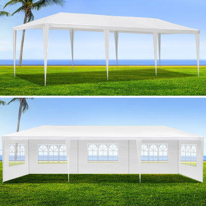 Two images show the 10X20' Outdoor Garden Gazebo Wedding Party Tent Canopy Marquee set up on grass by the ocean. The first image shows it without sidewalls; the second with removable, windowed sidewalls. Palm trees and blue sky are in view.