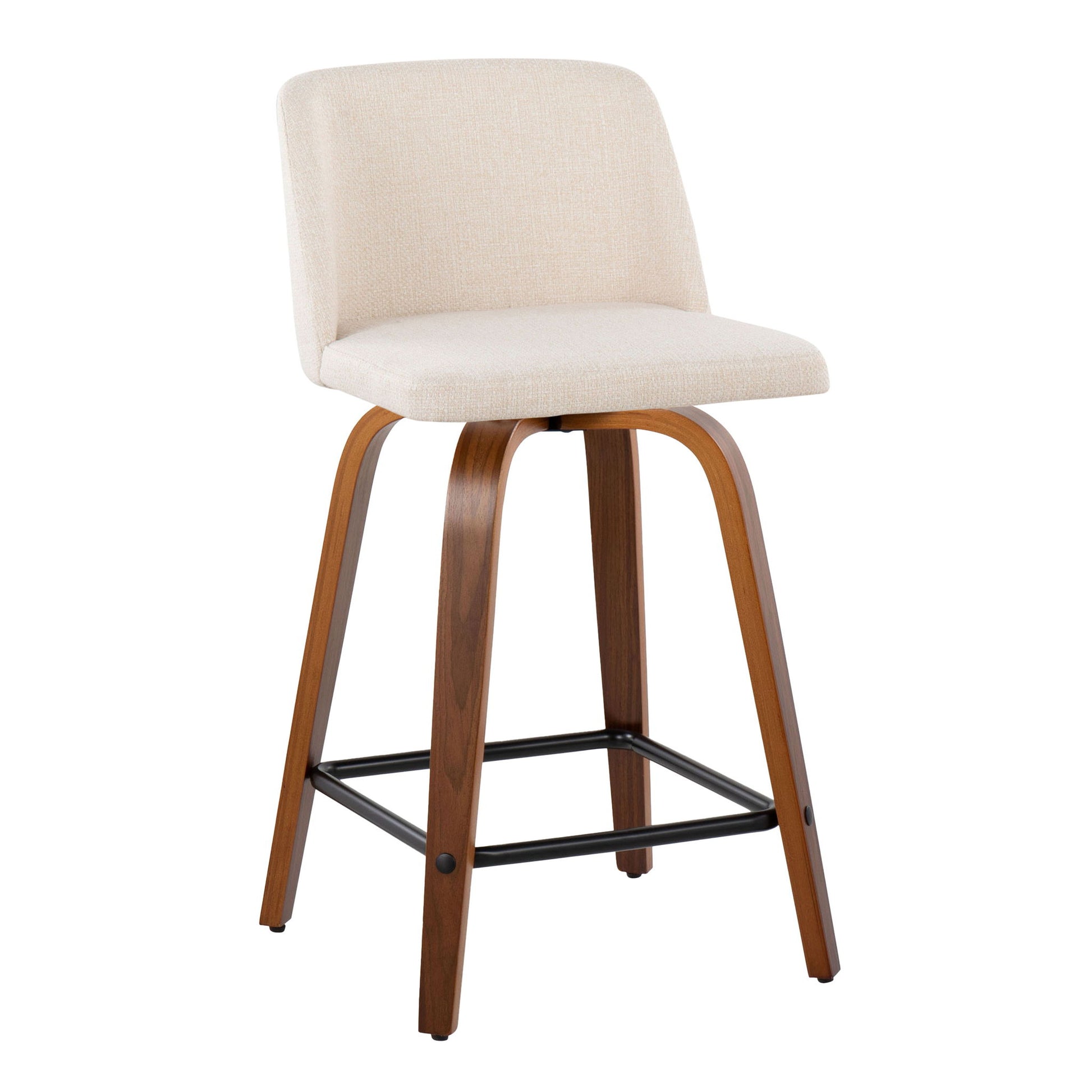 The Toriano - Mid Century Modern Fixed Height Counter Stool (Set of 2) features a cushioned beige fabric seat and backrest, curved wooden legs, a swivel design, and a square black metal footrest.