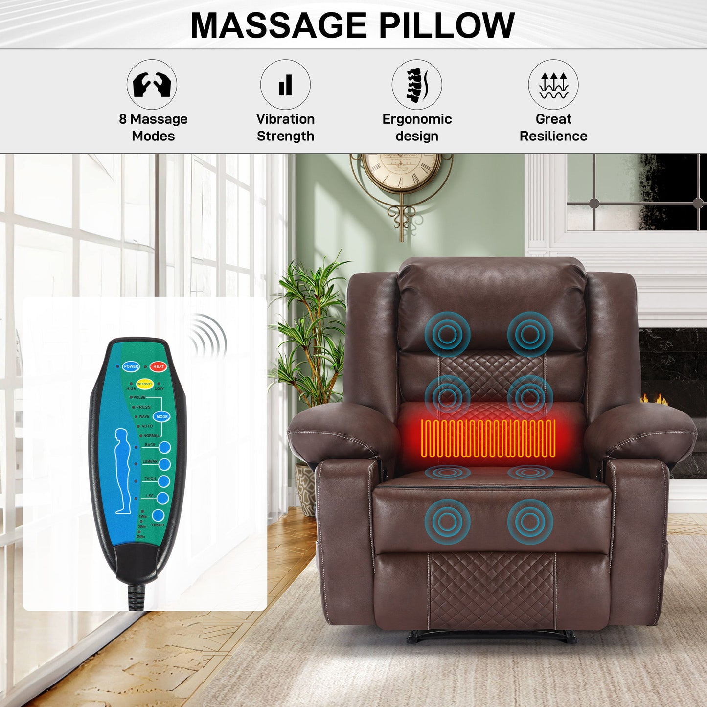 The Breathable Leather Massage Recliner Manual Chair is shown in a living room with blue icons marking massage points. An inset shows the remote control. Text highlights 8 massage modes, vibration strength, ergonomic design, and resilience.
