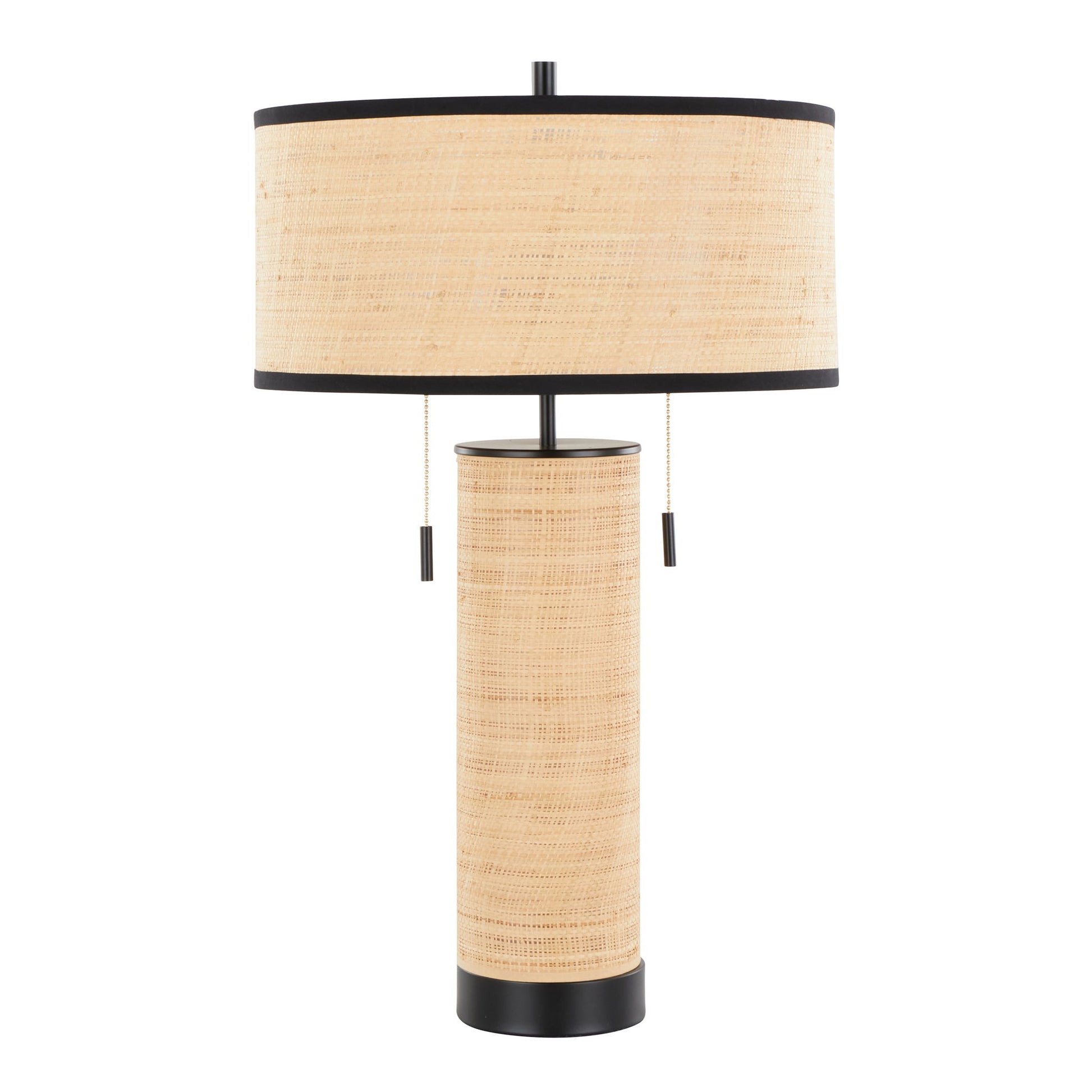 The Cylinder - Rattan Contemporary Rattan Table Lamp features a cylindrical base and drum shade in woven light tan, with two pull chains and black accents on the top, bottom, and shade edges.