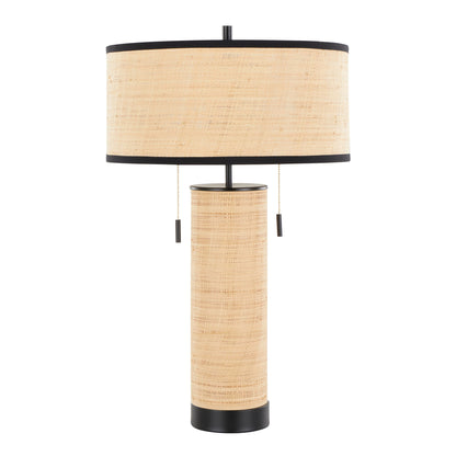 The Cylinder - Rattan Contemporary Rattan Table Lamp features a cylindrical base and drum shade in woven light tan, with two pull chains and black accents on the top, bottom, and shade edges.