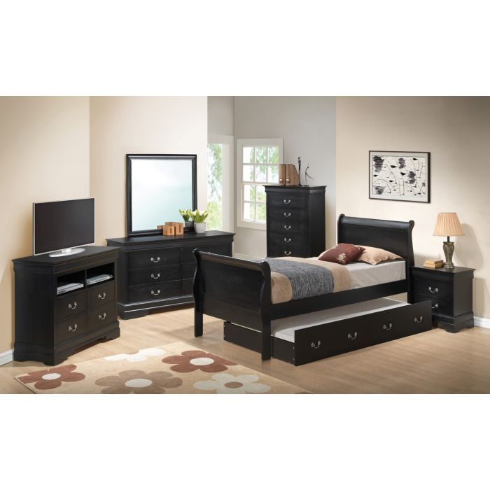 A bedroom featuring the Elegant Trundle Bed With Timeless Charm, black wooden furniture, dresser with mirror, tall chest, nightstand, TV stand; beige walls, floral rug, and a window providing natural light.