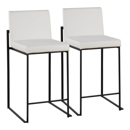 Two Fuji Contemporary Modern Elegance high back counter stools with white cushioned seats and backs, black metal frames, and footrests are placed side by side on a white background.
