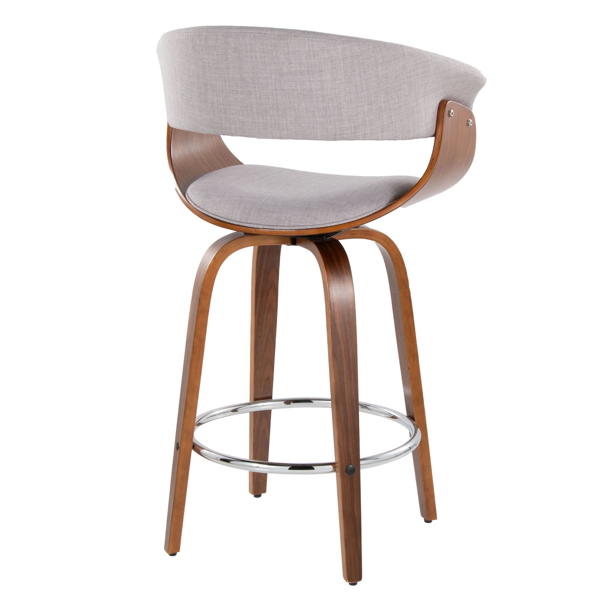 The Vintage Mod Mid Century Modern Fixed Height Counter Stool features a curved wooden frame, light gray upholstered seat and back, four wooden legs, a round chrome footrest, and swivel function. Sold as a set of 2.