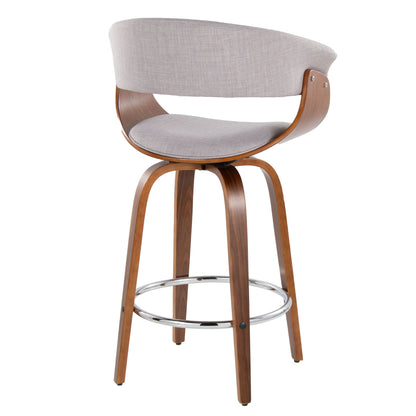 The Vintage Mod Mid Century Modern Fixed Height Counter Stool features a curved wooden frame, light gray upholstered seat and back, four wooden legs, a round chrome footrest, and swivel function. Sold as a set of 2.