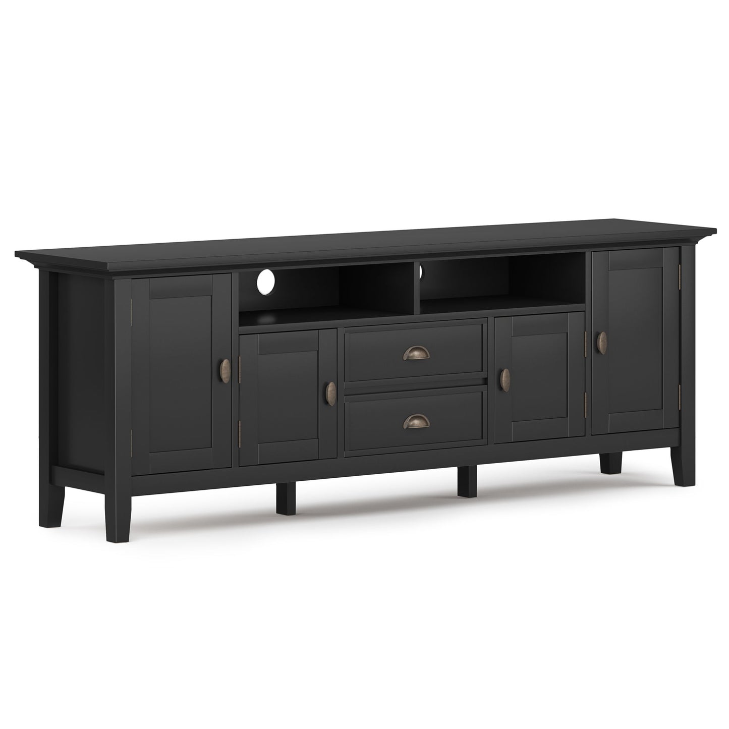 The Redmond Handcrafted TV Media Stand is a long black wooden unit with two end cabinets, two drawers, a small center cabinet, and two open shelves above, all accented with bronze handles.