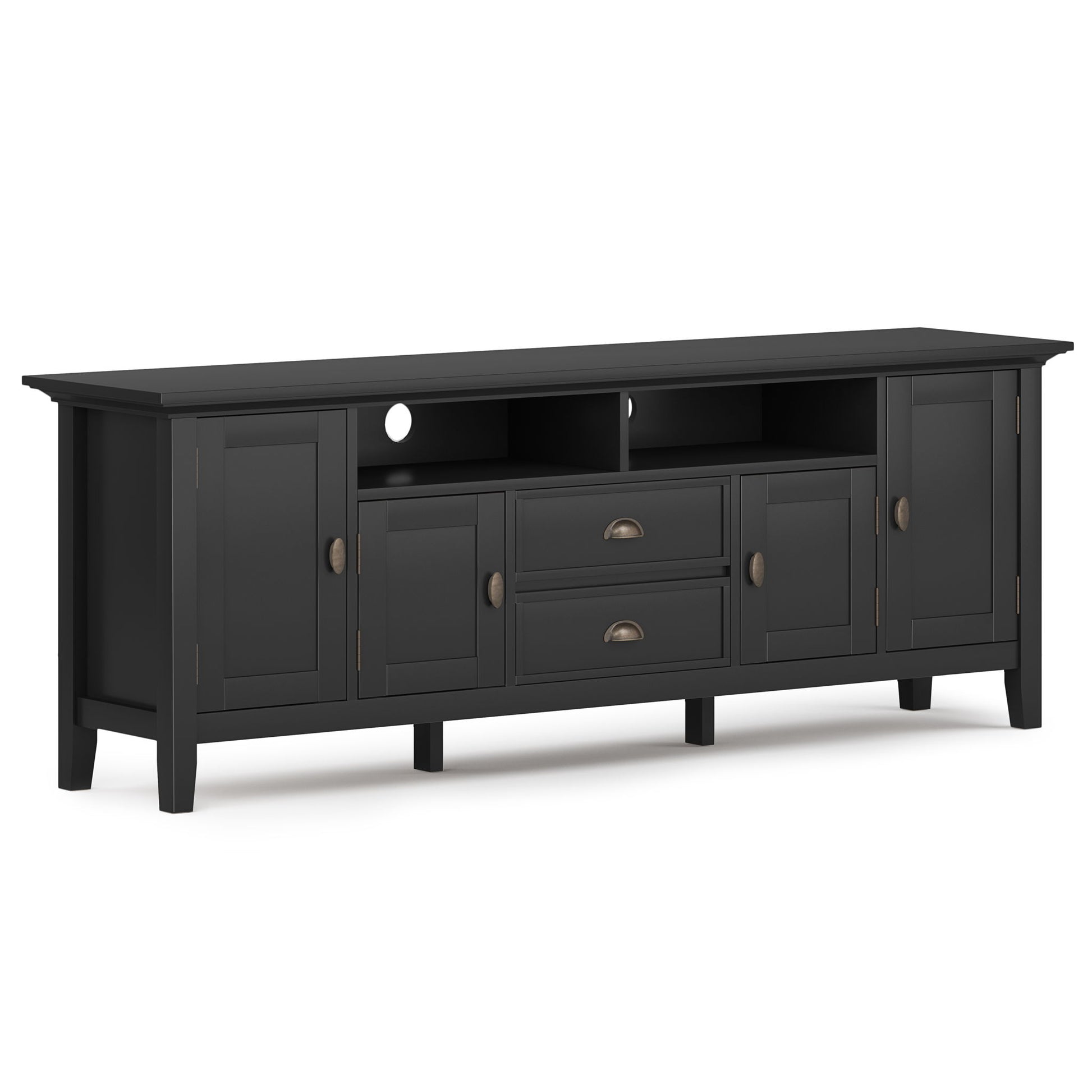 The Redmond Handcrafted TV Media Stand is a long black wooden unit with two end cabinets, two drawers, a small center cabinet, and two open shelves above, all accented with bronze handles.