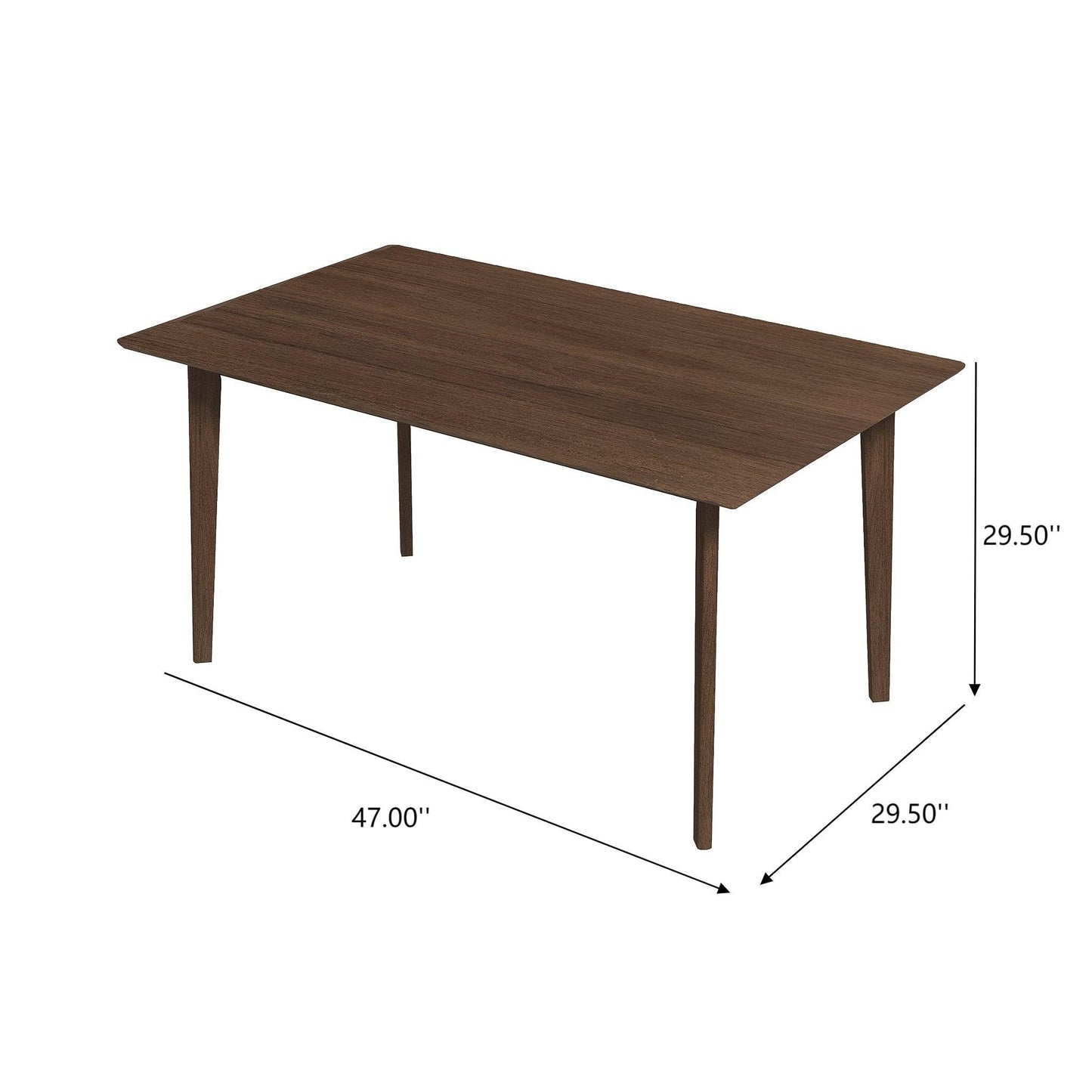 The Levi - Modern Style Rectangular Dining Kitchen Table features four tapered legs and measures 47"L x 29.5"W x 29.5"H, with measurements clearly marked by lines and numbers.