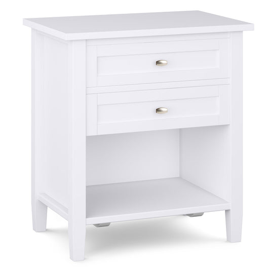 The Warm Shaker - Handcrafted Bedside Table is a white wooden nightstand with two drawers, silver handles, an open bottom shelf, and a simple modern design featuring clean lines.
