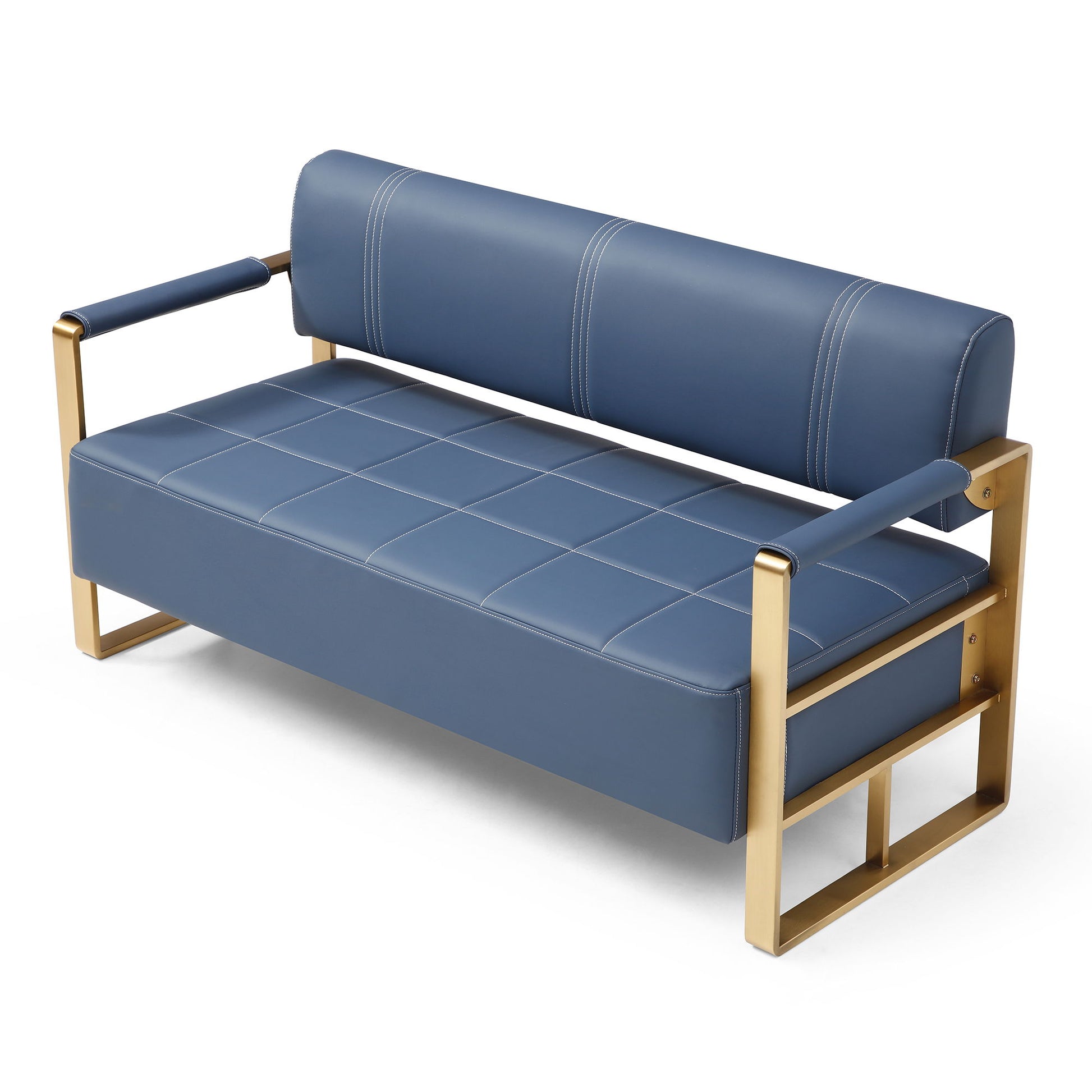 The Modern Upholstery Accent Loveseat Sofa is a blue 2-seater with golden metal arms, featuring box stitching on the seat and a cushioned backrest—perfect as an accent for your living room.