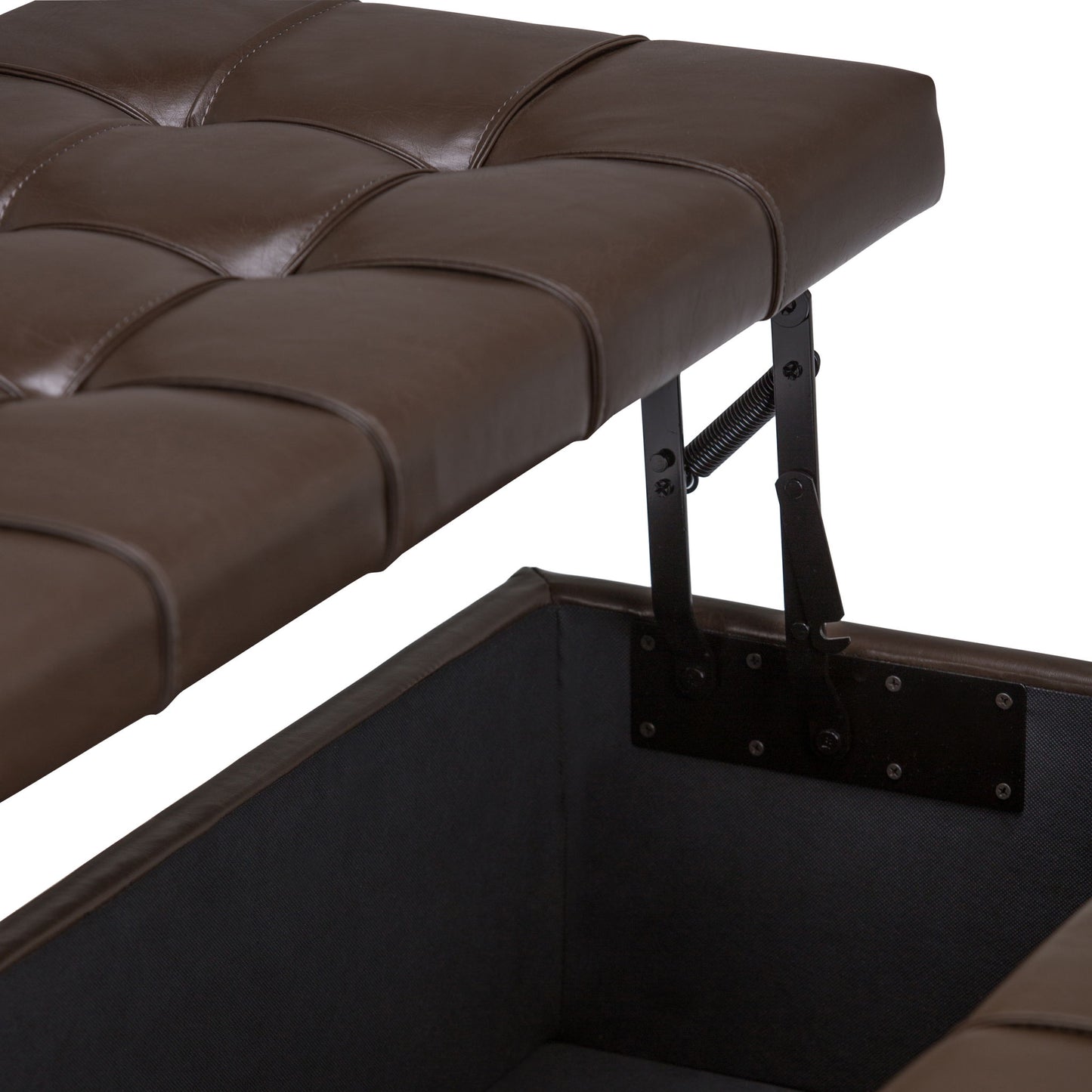 Close-up of the Harrison Upholstered Coffee Table Storage Ottoman with its cushioned lid open, showcasing a spacious, fabric-lined storage compartment and sturdy metal hinges.