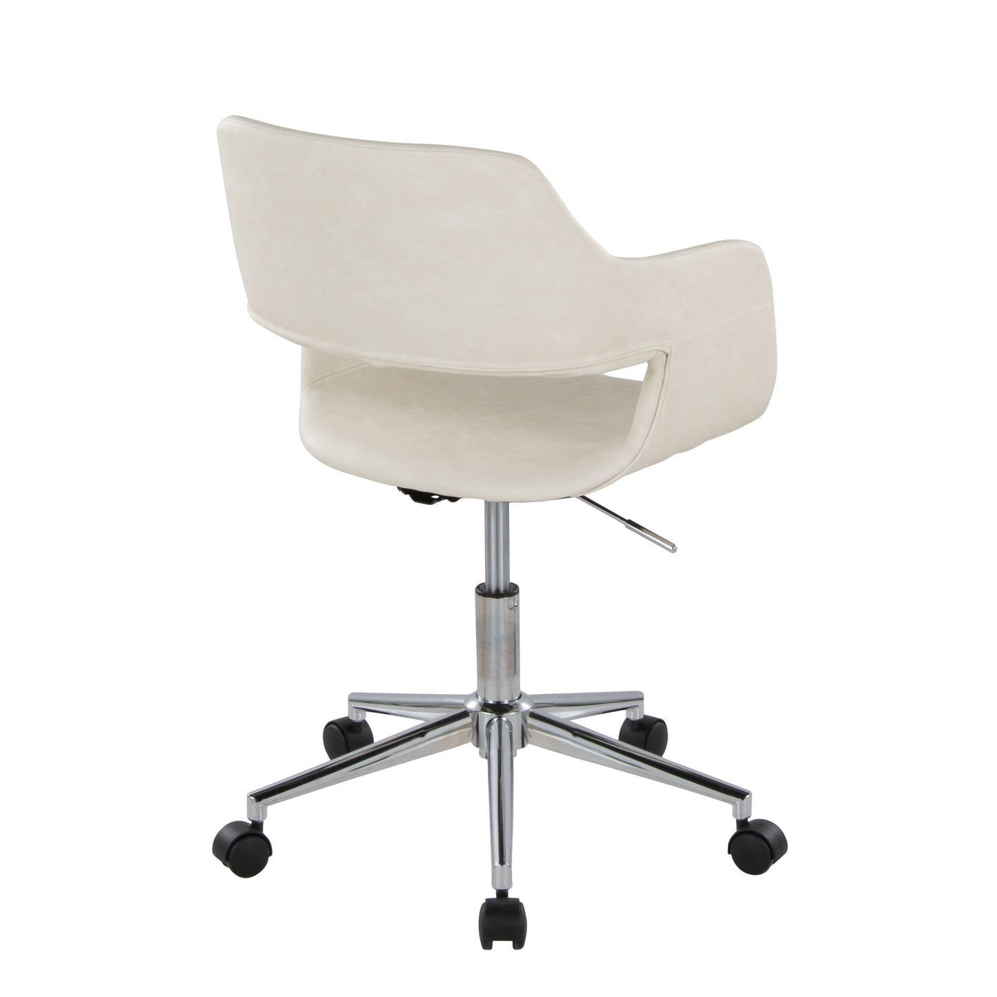 The Margarite - Contemporary Office Task Chair features a cream-colored, curved backrest and seat, a metal base, and five black caster wheels, shown from the back.