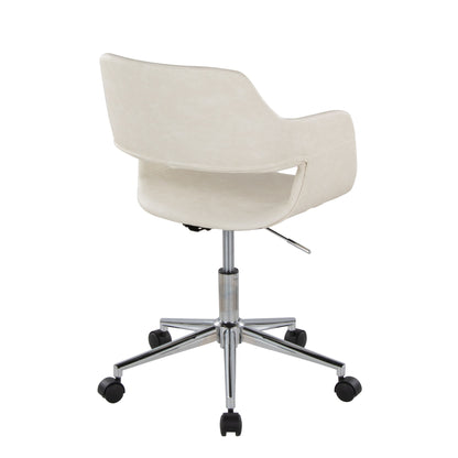 The Margarite - Contemporary Office Task Chair features a cream-colored, curved backrest and seat, a metal base, and five black caster wheels, shown from the back.