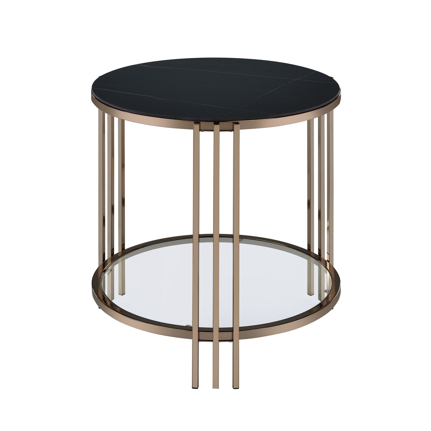 The Abisha - Sintered Stone Top Round Table features a black sintered stone top, gold metal frame, lower glass shelf, and sleek contemporary design with vertical supports connecting the surfaces.
