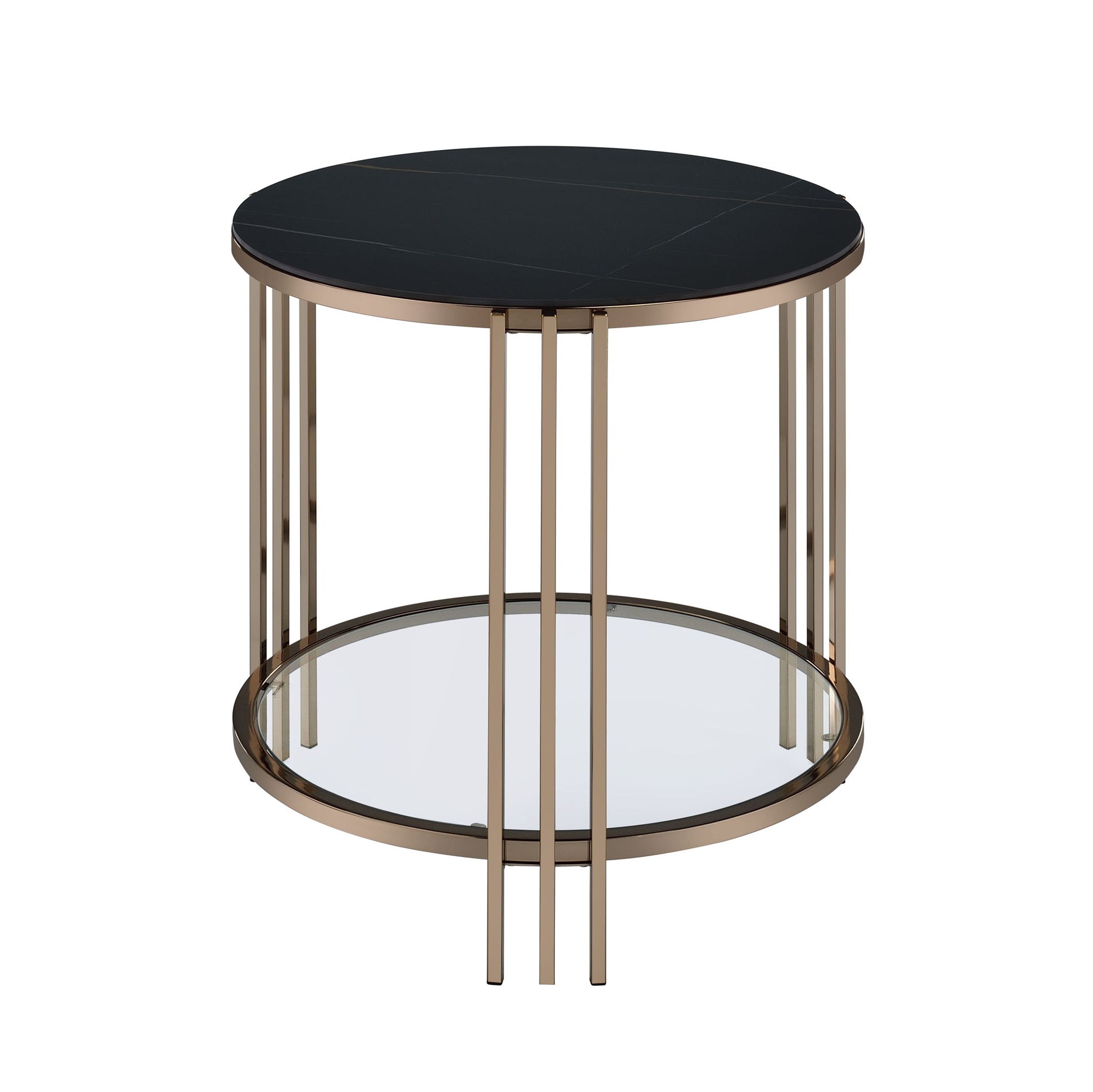 The Abisha - Sintered Stone Top Round Table features a black sintered stone top, gold metal frame, lower glass shelf, and sleek contemporary design with vertical supports connecting the surfaces.