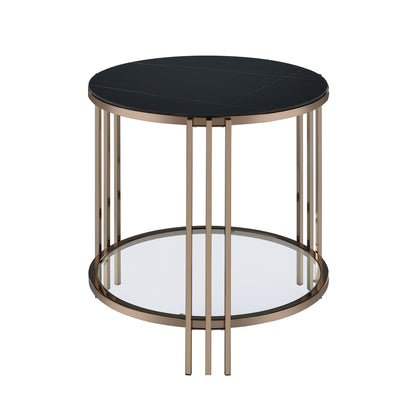 The Abisha - Sintered Stone Top Round Table features a black sintered stone top, gold metal frame, lower glass shelf, and sleek contemporary design with vertical supports connecting the surfaces.