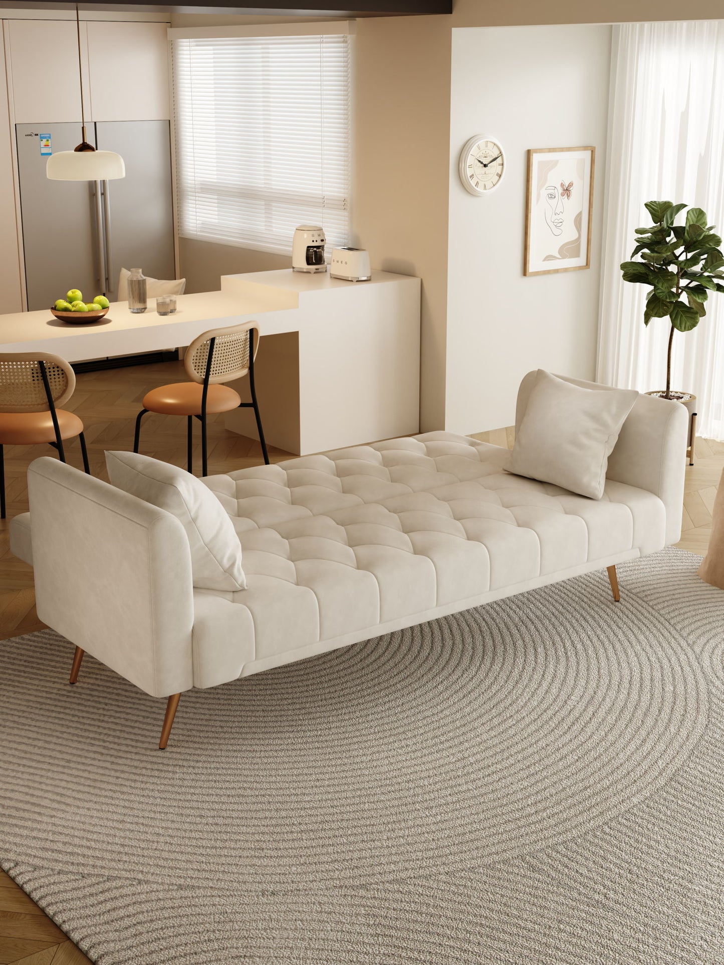 A modern living space featuring the Convertible Double Folding Living Room Sofa Bed in beige with two matching pillows, a round textured rug, a potted plant, and a kitchen area visible with bar stools and a fruit bowl on the counter.